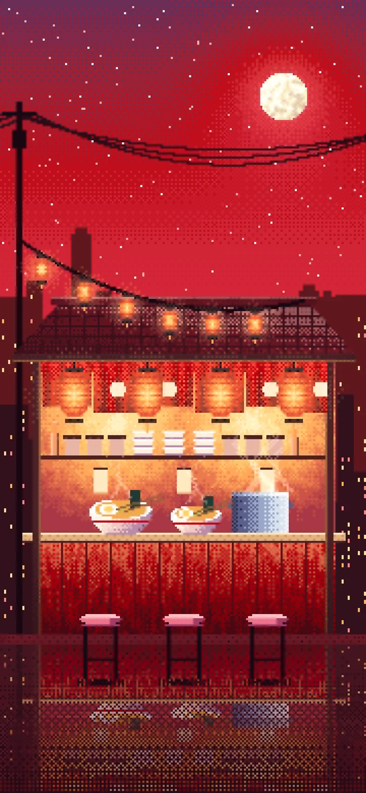 Red Pixel Art Ramen Stall at Night wallpaper for iPhone and Android