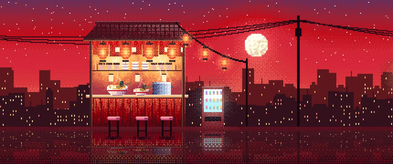 Red Pixel Art Ramen Stall at Night ultrawide wallpaper, 3440 × 1440