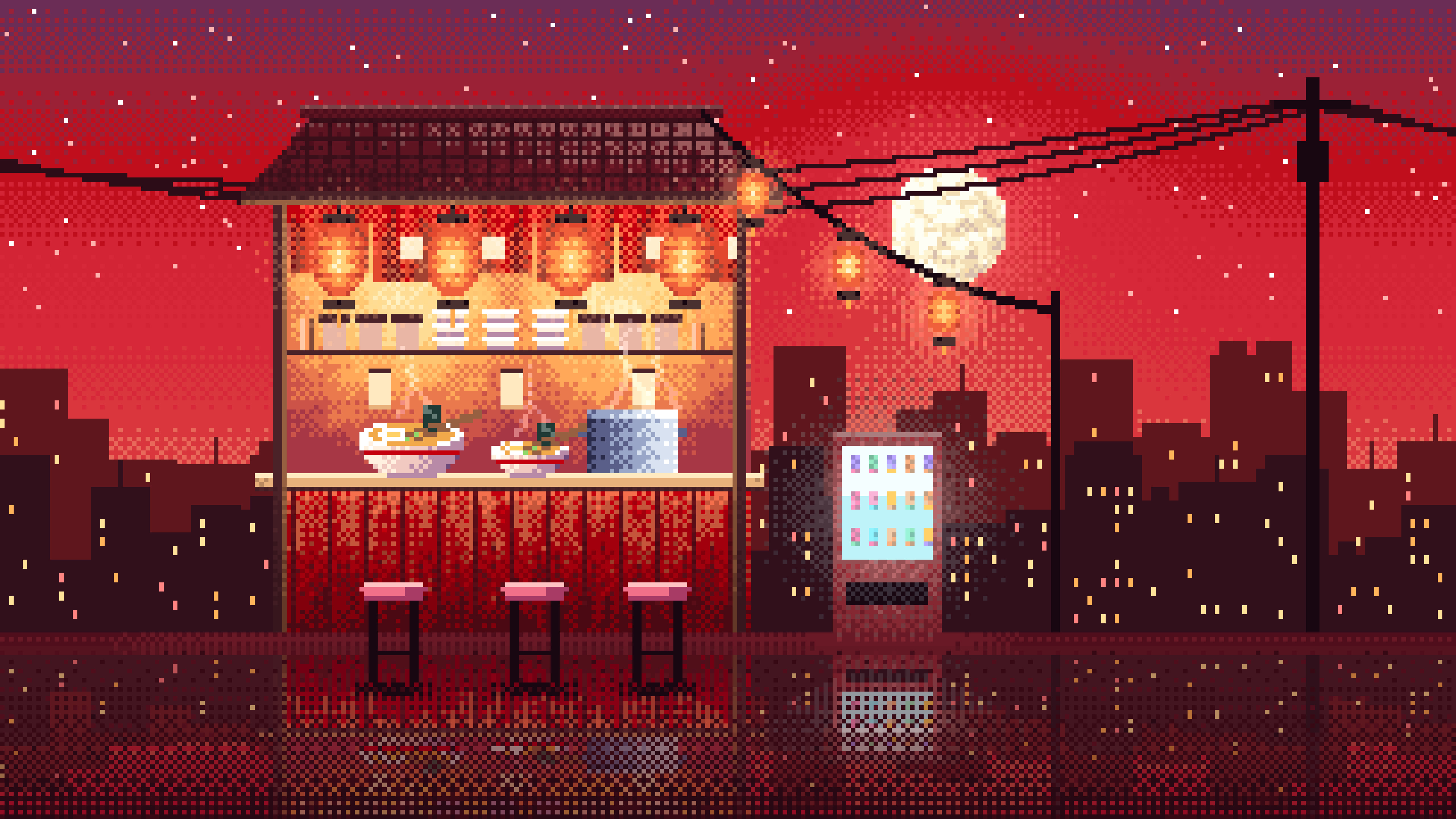 Red Pixel Art Ramen Stall at Night desktop wallpaper in 4K