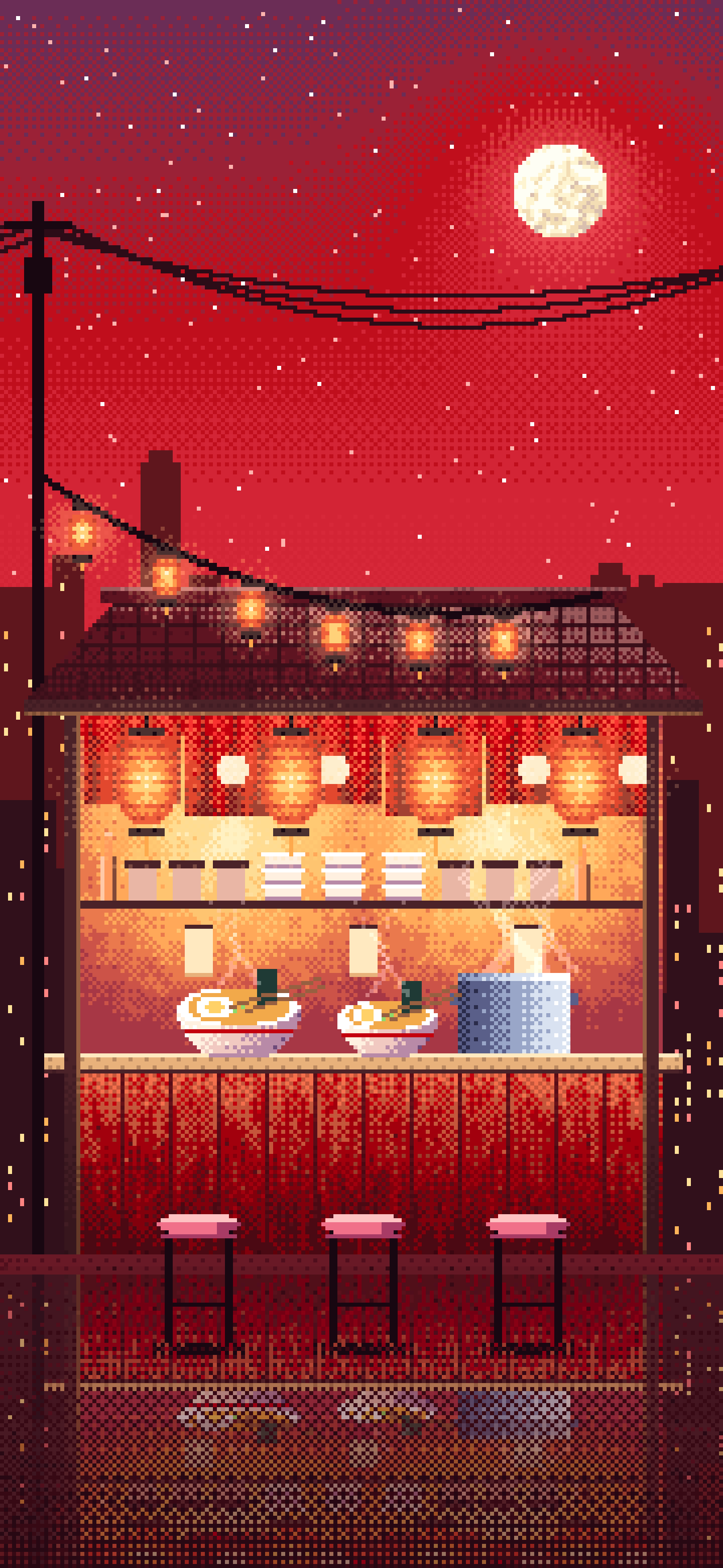 Red Pixel Art Ramen Stall at Night wallpaper for iPhone and Android