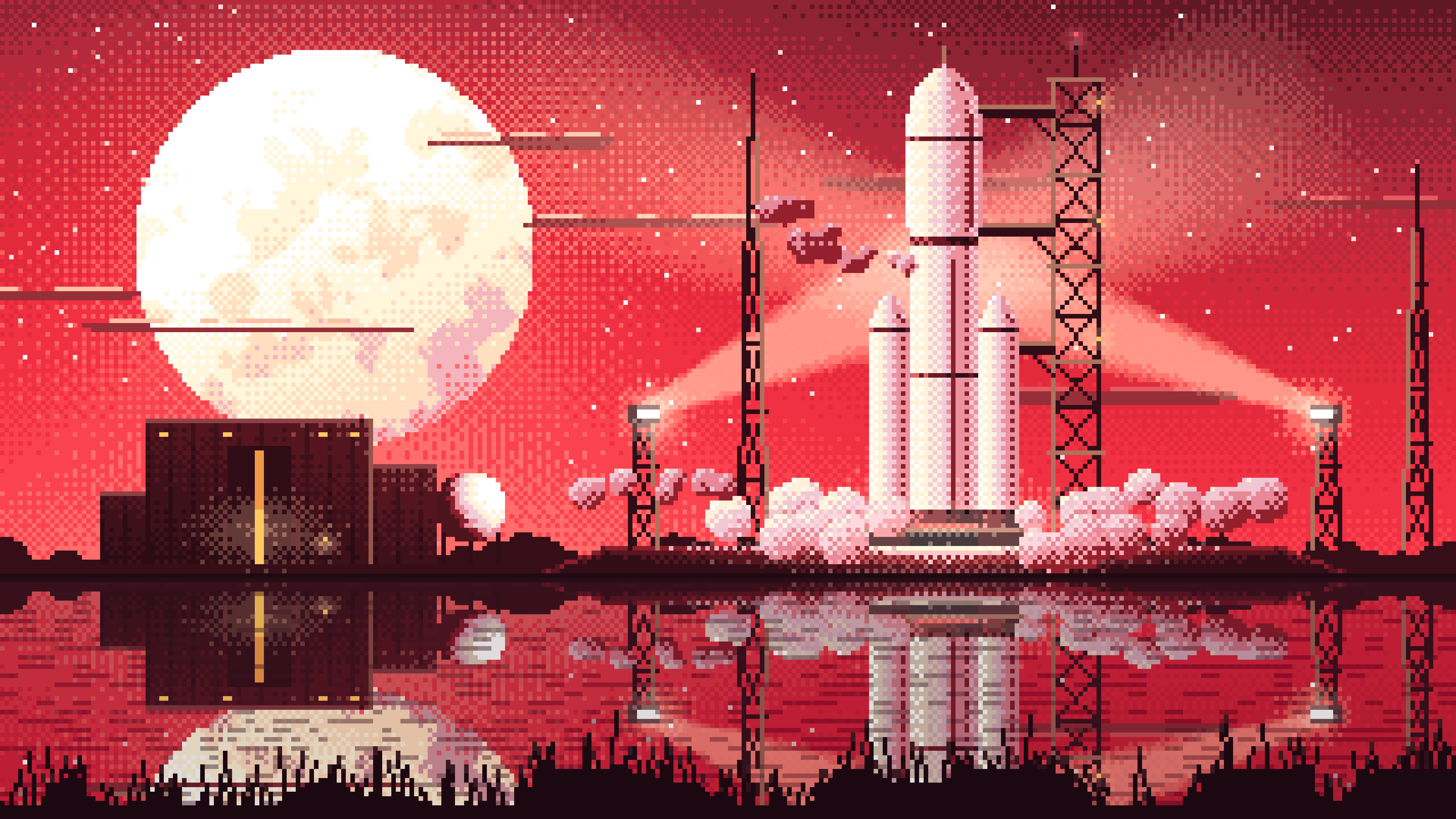 Red Pixel Art Rocket on the Launch Pad at Night desktop wallpaper in 4K
