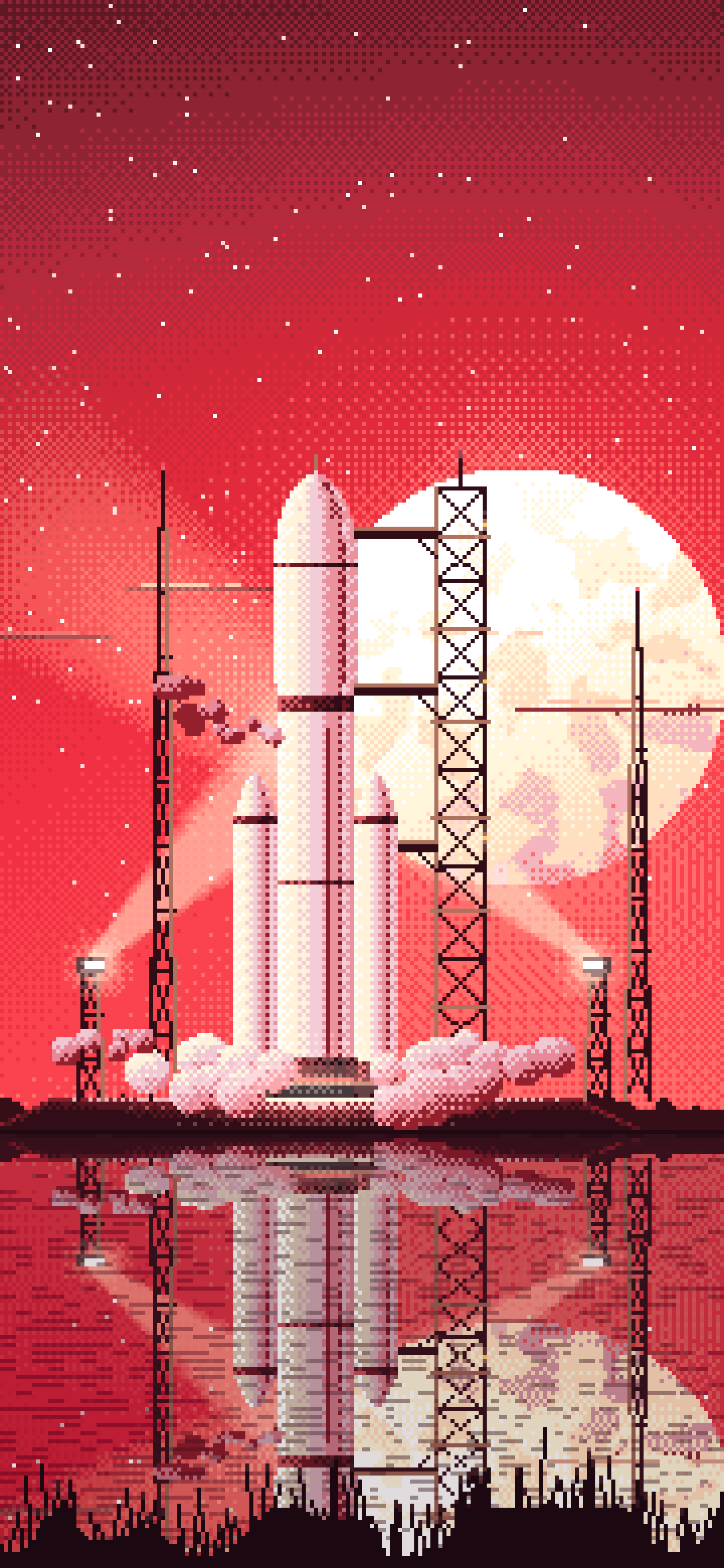 Red Pixel Art Rocket on the Launch Pad at Night wallpaper for iPhone and Android