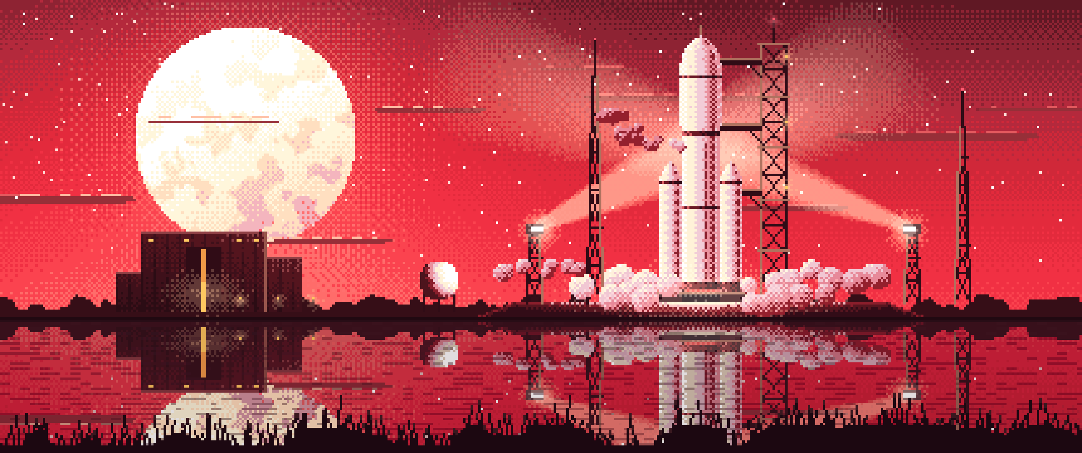 Red Pixel Art Rocket on the Launch Pad at Night ultrawide wallpaper, 3440 × 1440