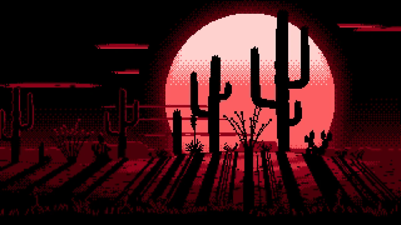 Red Pixel Art Saguaro Cactus Desert desktop wallpaper in 4K