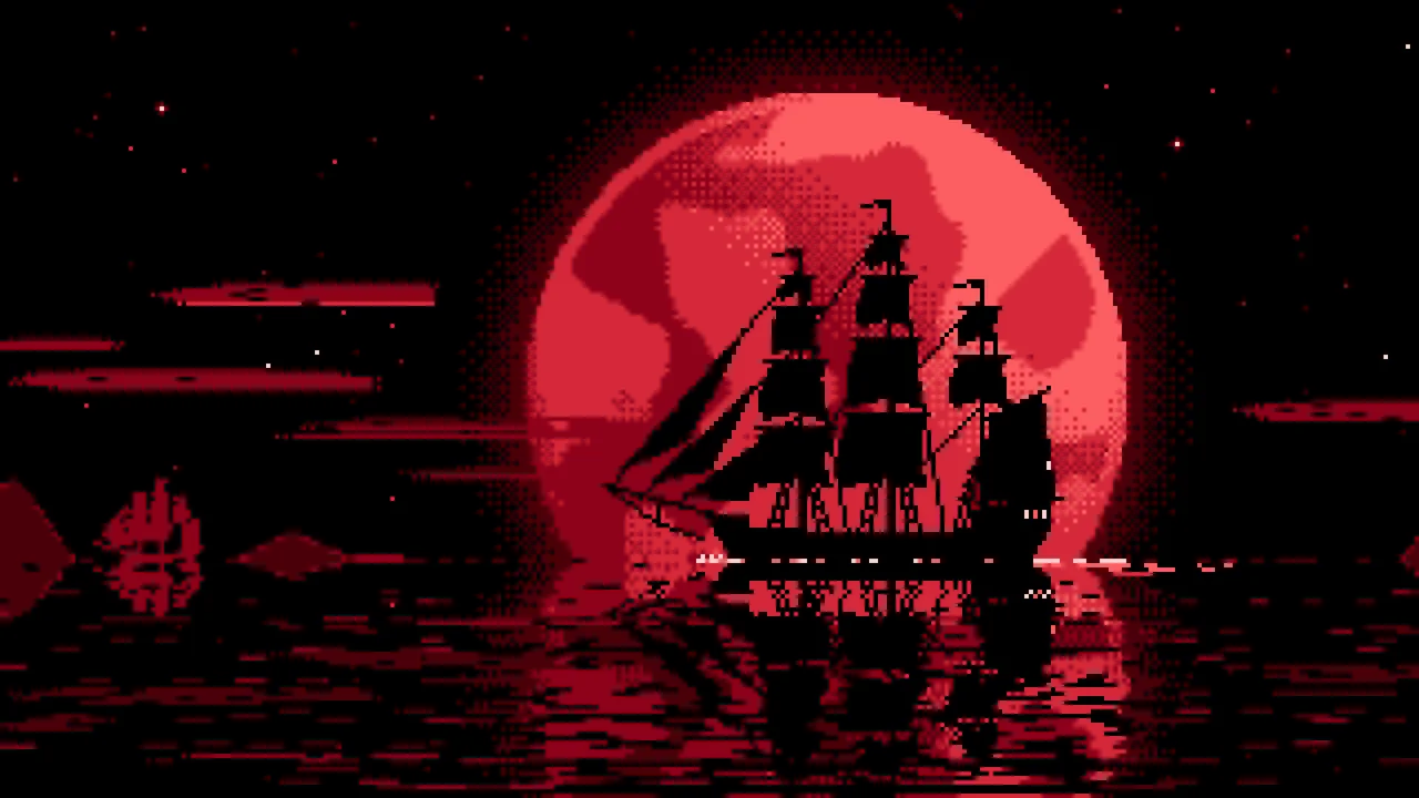 Red Pixel Art Sailing Ship and Full Moon desktop wallpaper in 4K