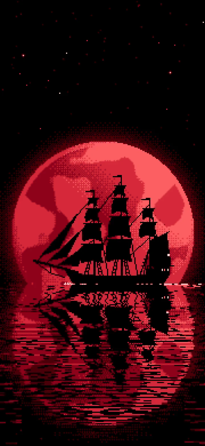 Red Pixel Art Sailing Ship and Full Moon wallpaper for iPhone and Android