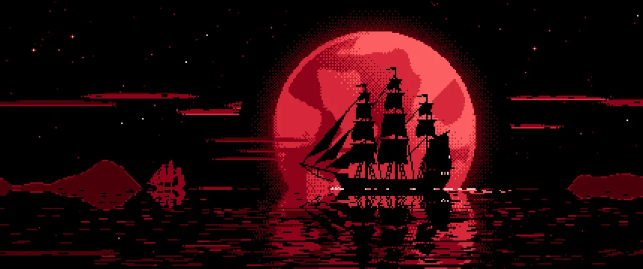 Red Pixel Art Sailing Ship and Full Moon ultrawide wallpaper, 3440 × 1440