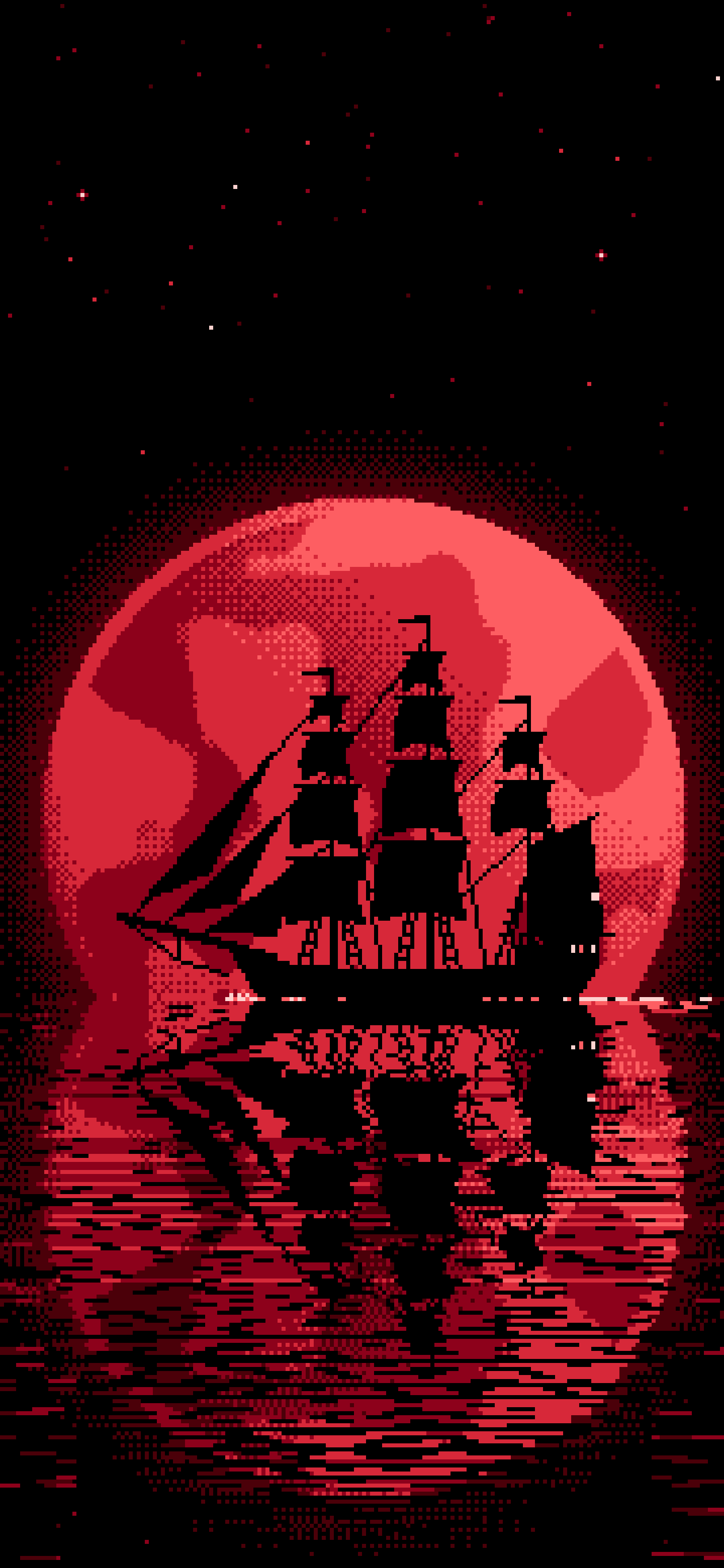 Red Pixel Art Sailing Ship and Full Moon wallpaper for iPhone and Android