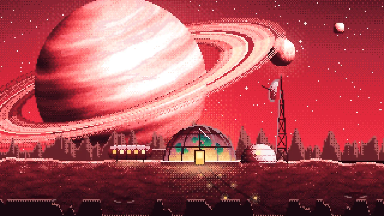 Red Pixel Art Space Outpost Under a Ringed Planet desktop wallpaper in 4K