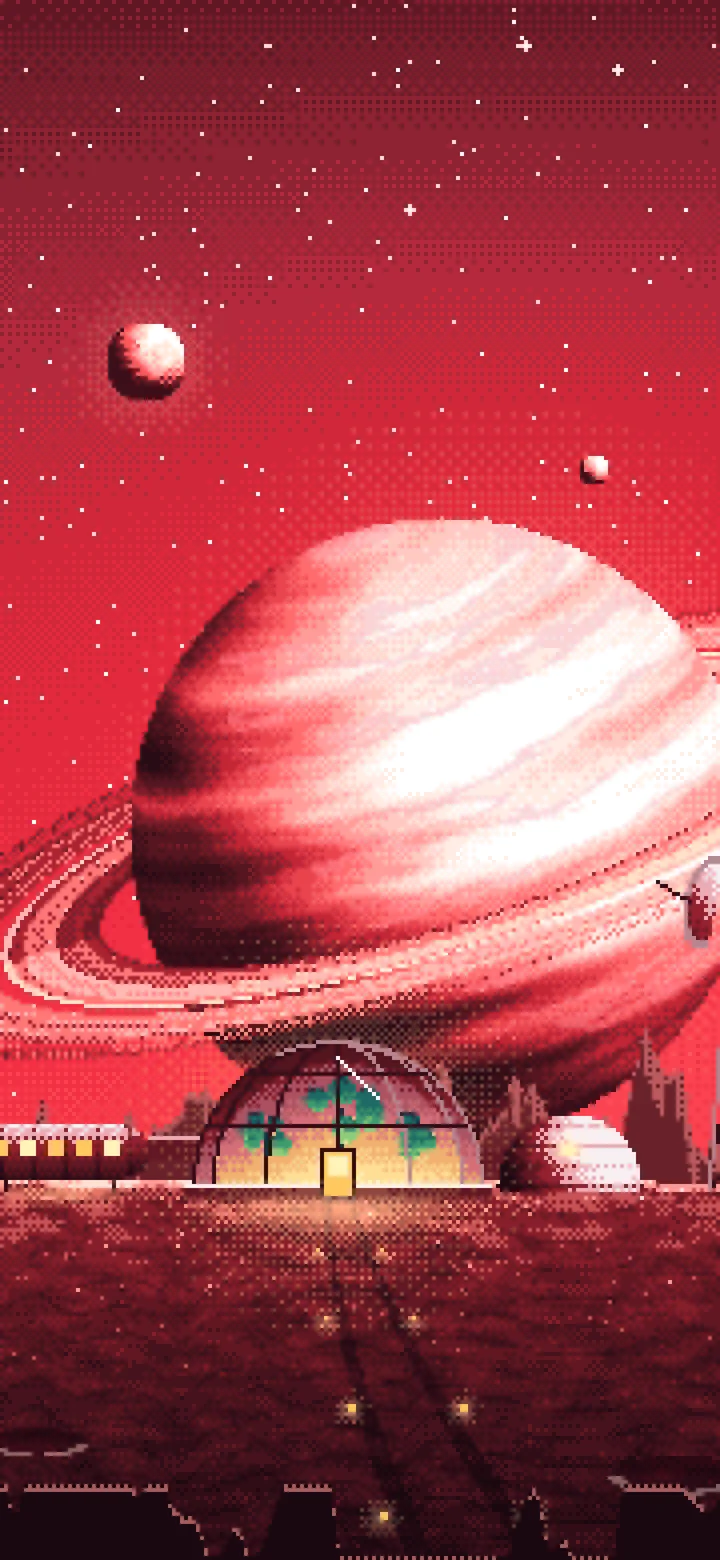 Red Pixel Art Space Outpost Under a Ringed Planet wallpaper for iPhone and Android