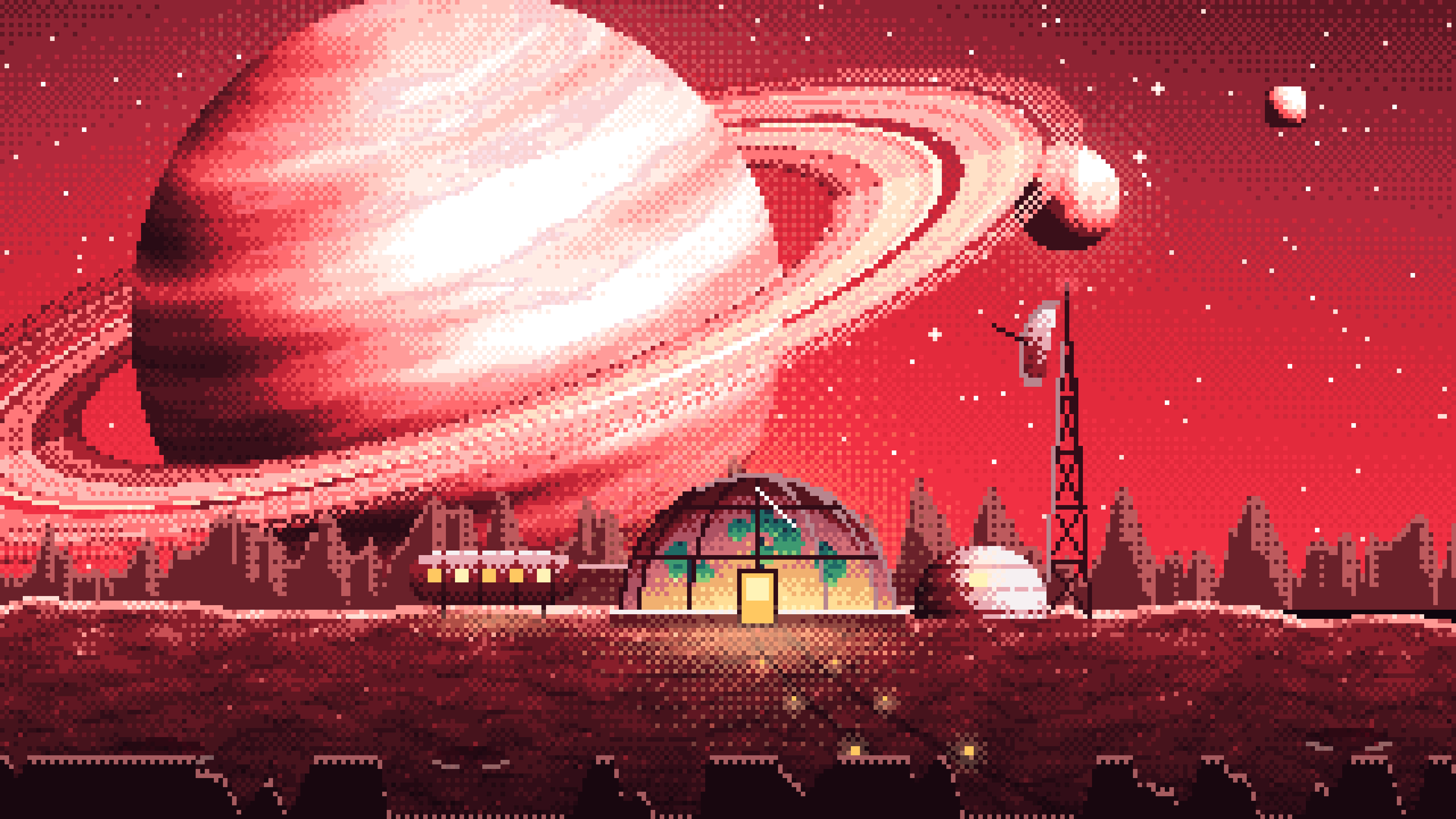 Red Pixel Art Space Outpost Under a Ringed Planet desktop wallpaper in 4K