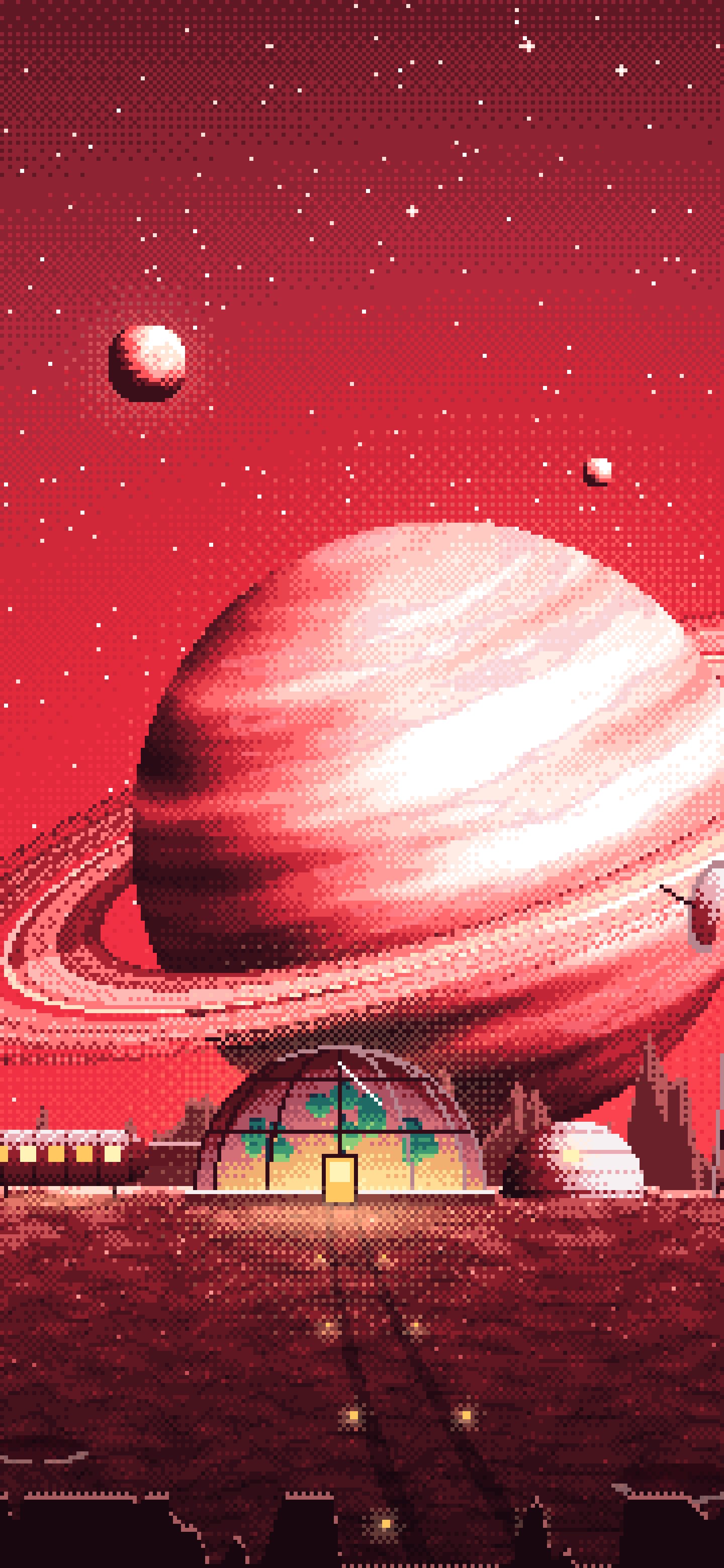 Red Pixel Art Space Outpost Under a Ringed Planet wallpaper for iPhone and Android