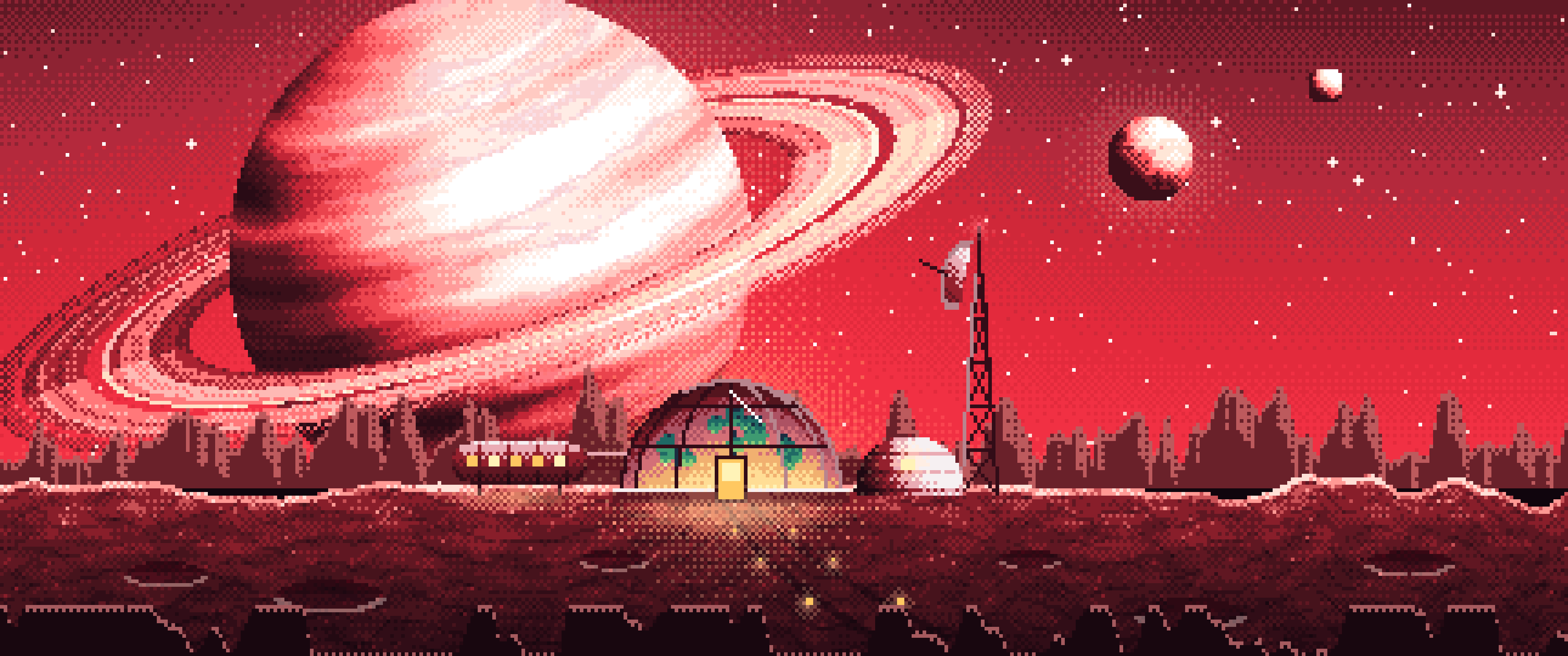 Red Pixel Art Space Outpost Under a Ringed Planet ultrawide wallpaper, 3440 × 1440
