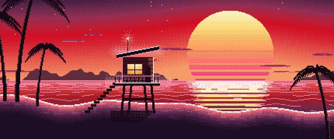 Red Pixel Art Synthwave Beach ultrawide wallpaper, 3440 × 1440
