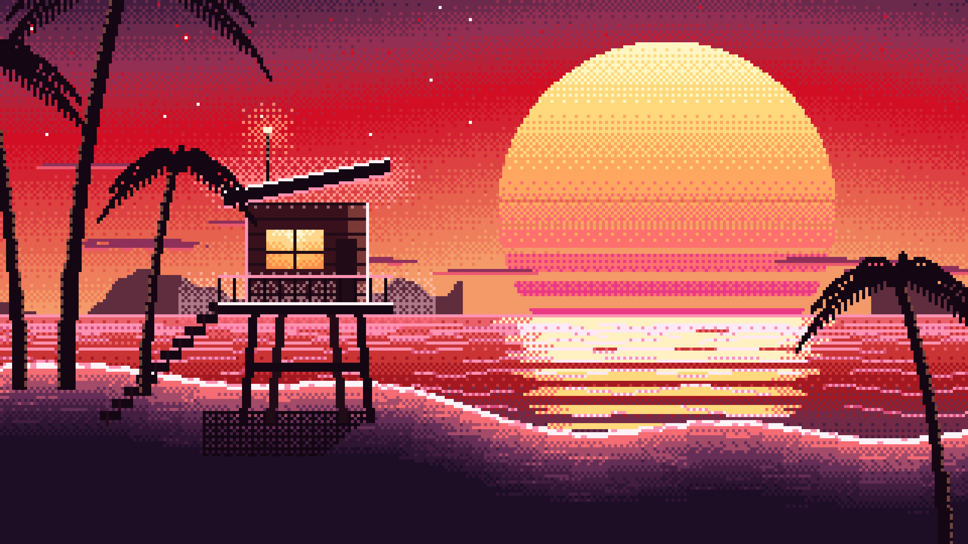 Red Pixel Art Synthwave Beach desktop wallpaper in 4K