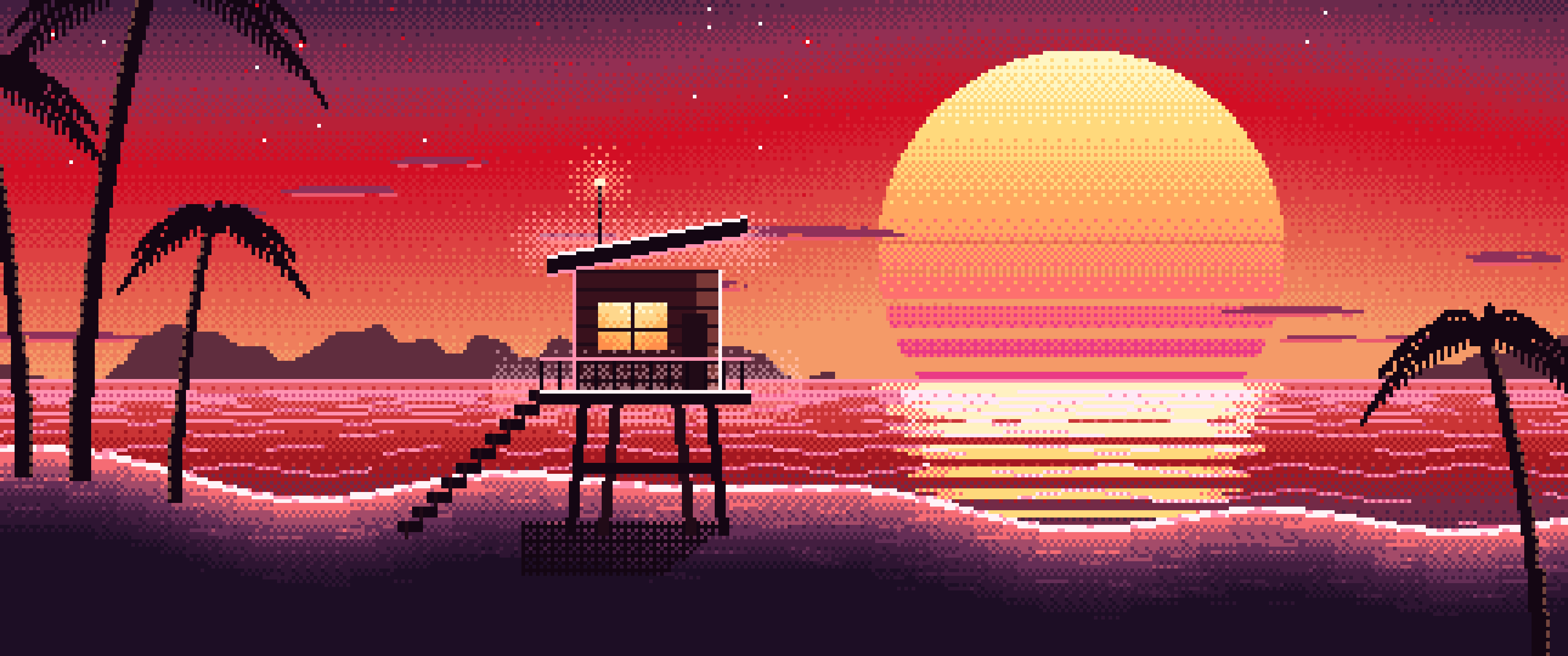 Red Pixel Art Synthwave Beach ultrawide wallpaper, 3440 × 1440