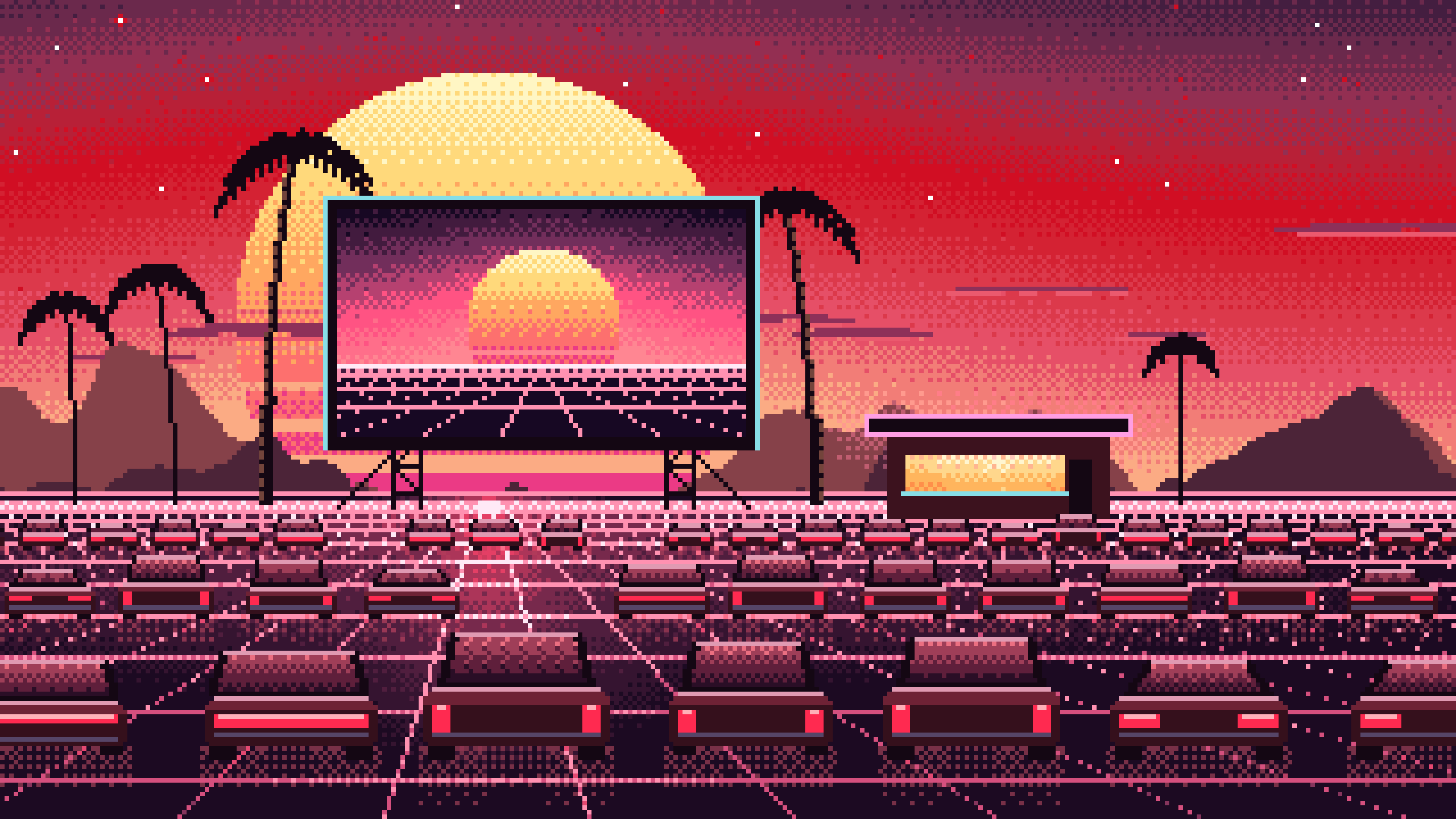 Red Pixel Art Synthwave Drive-In at Sunset desktop wallpaper in 4K