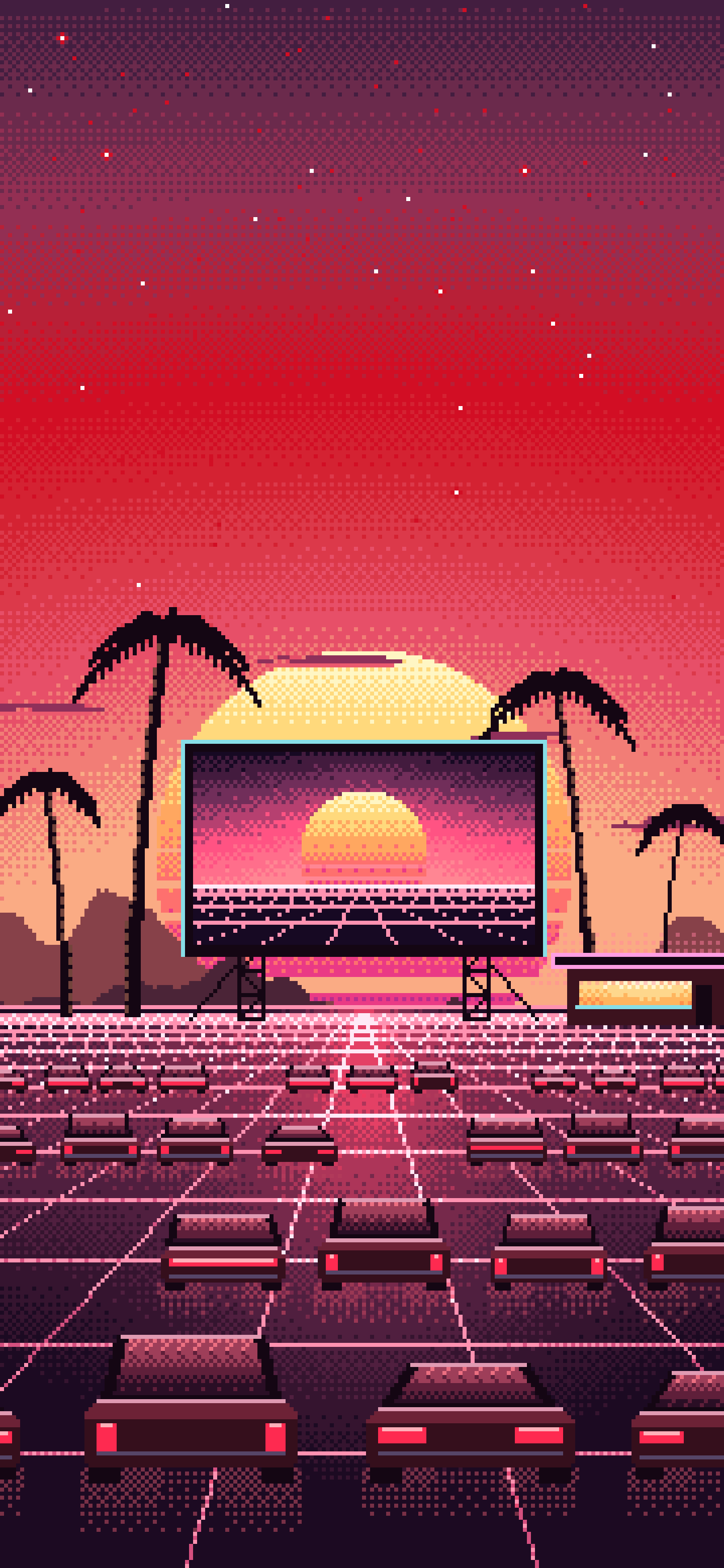 Red Pixel Art Synthwave Drive-In at Sunset wallpaper for iPhone and Android