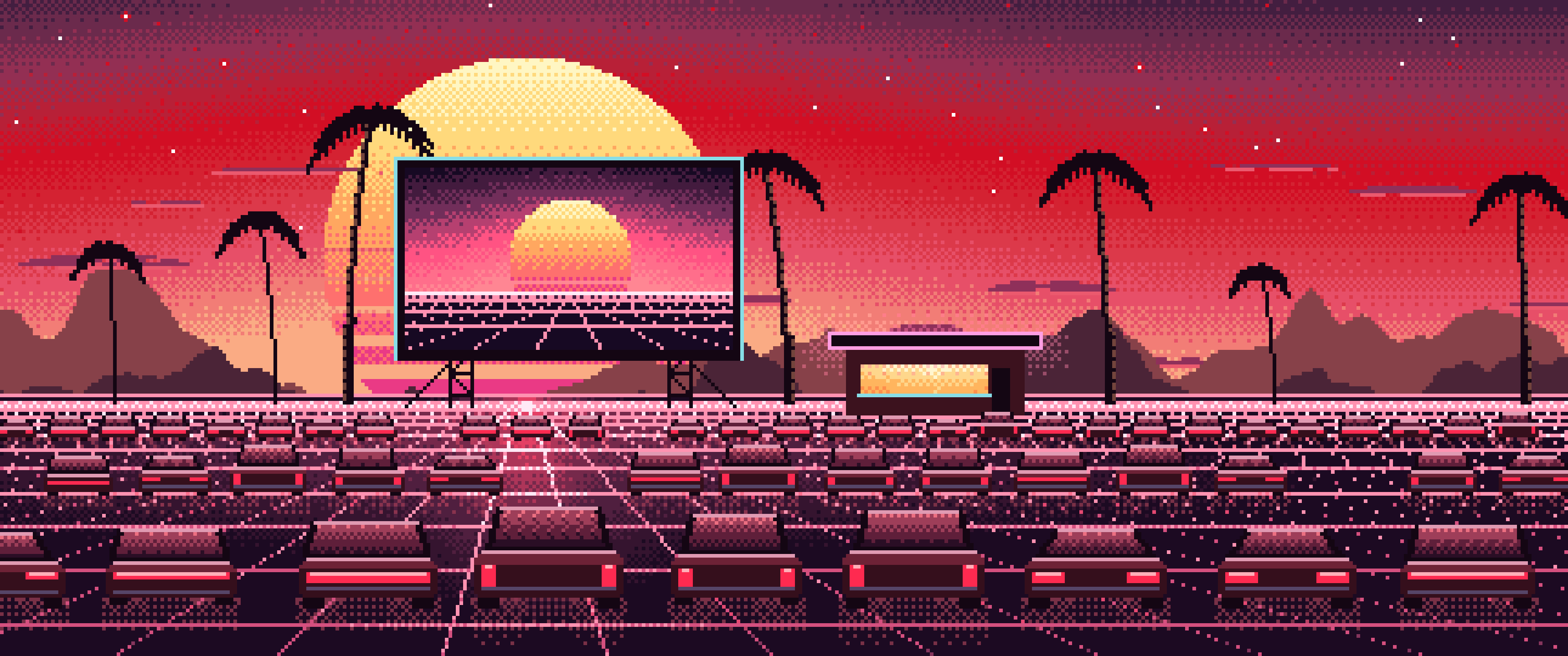 Red Pixel Art Synthwave Drive-In at Sunset ultrawide wallpaper, 3440 × 1440