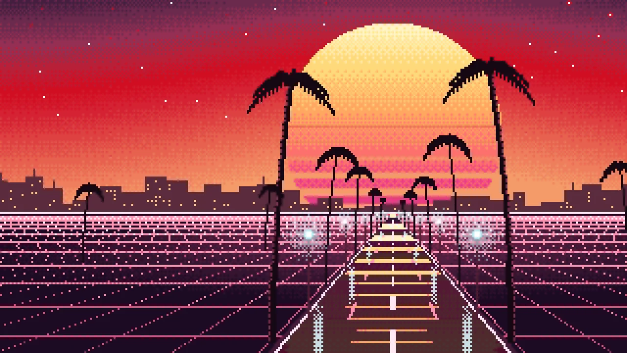 Red Pixel Art Synthwave Palm Boulevard desktop wallpaper in 4K