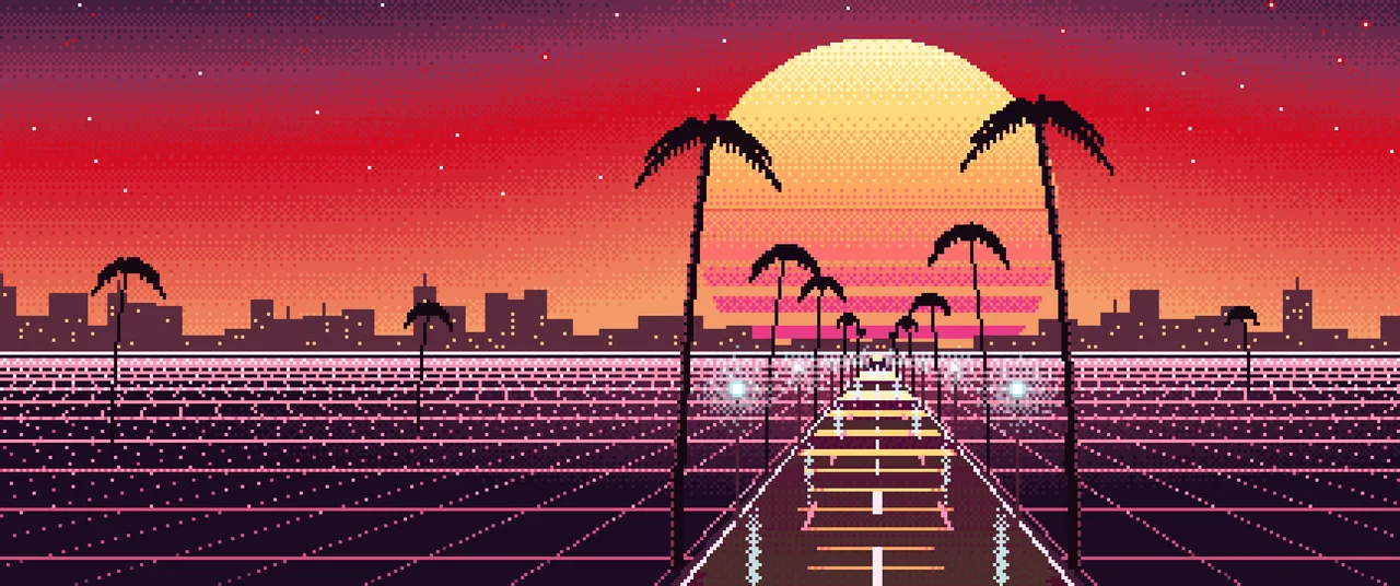 Red Pixel Art Synthwave Palm Boulevard ultrawide wallpaper, 3440 × 1440