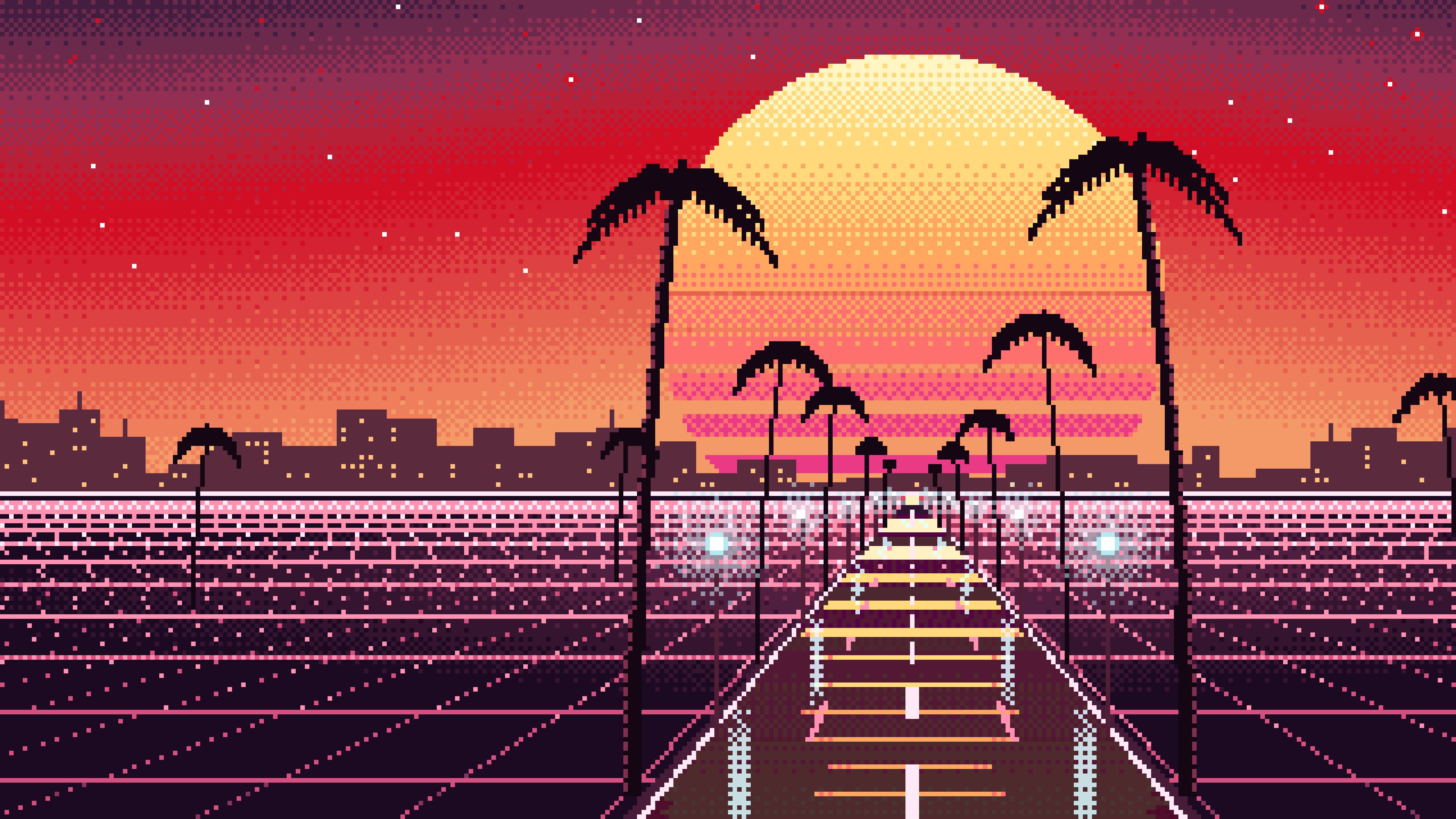 Red Pixel Art Synthwave Palm Boulevard desktop wallpaper in 4K