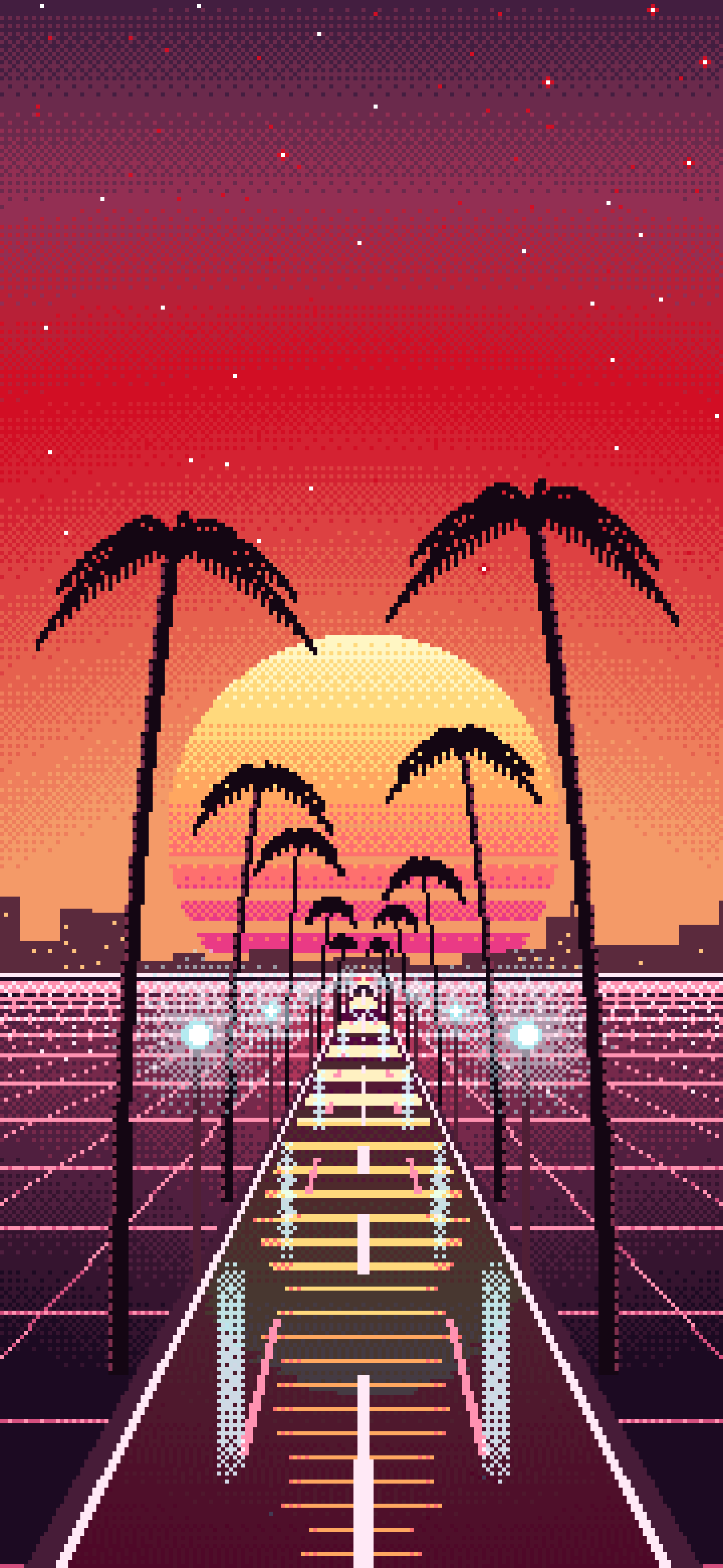 Red Pixel Art Synthwave Palm Boulevard wallpaper for iPhone and Android