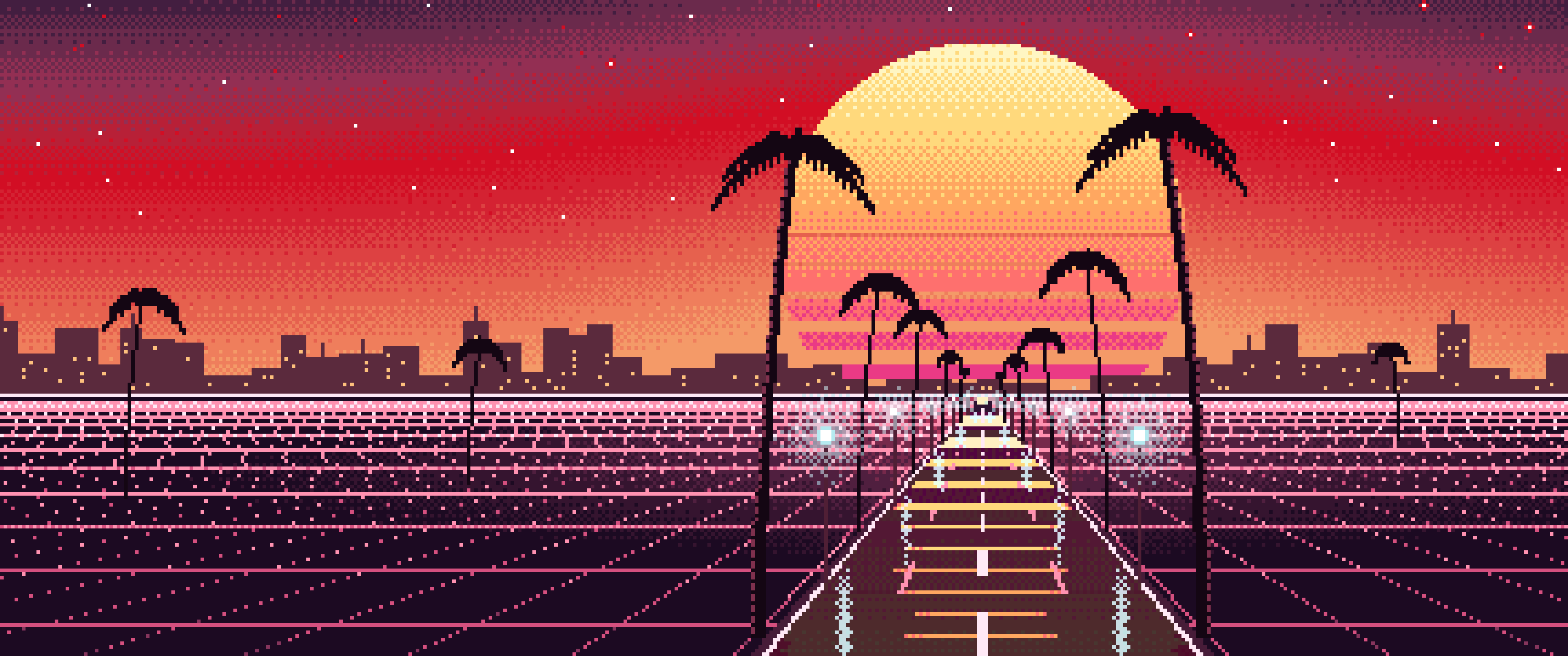Red Pixel Art Synthwave Palm Boulevard ultrawide wallpaper, 3440 × 1440