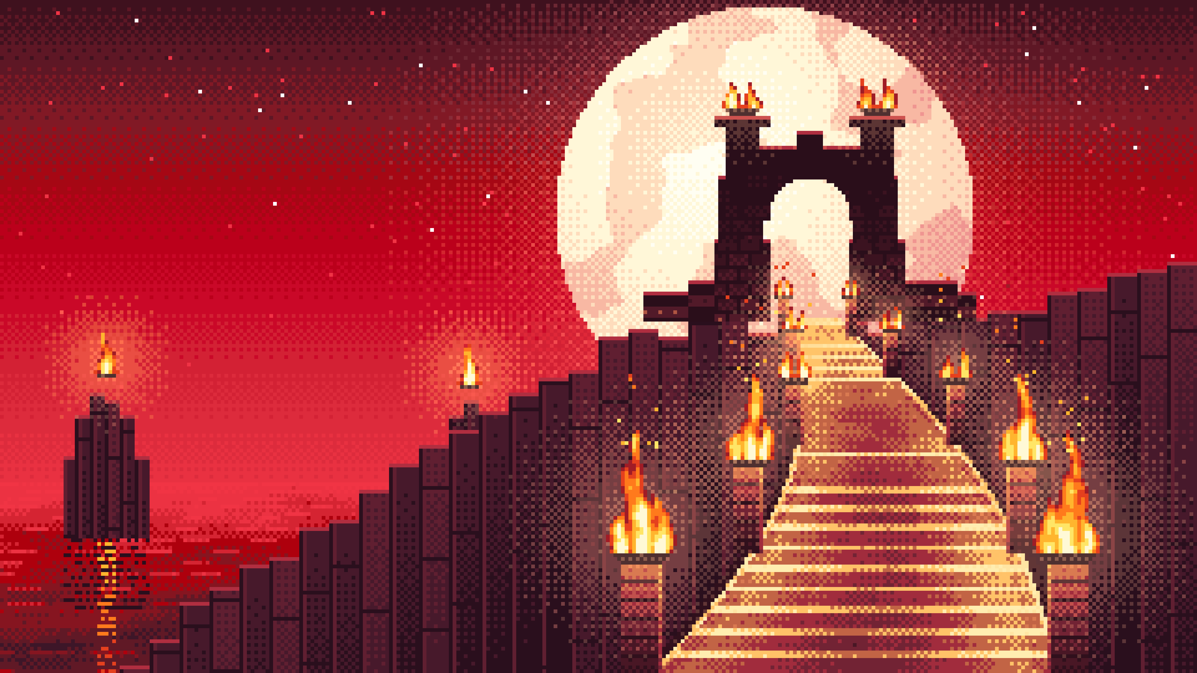Red Pixel Art Torch-Lit Stairway at Night desktop wallpaper in 4K