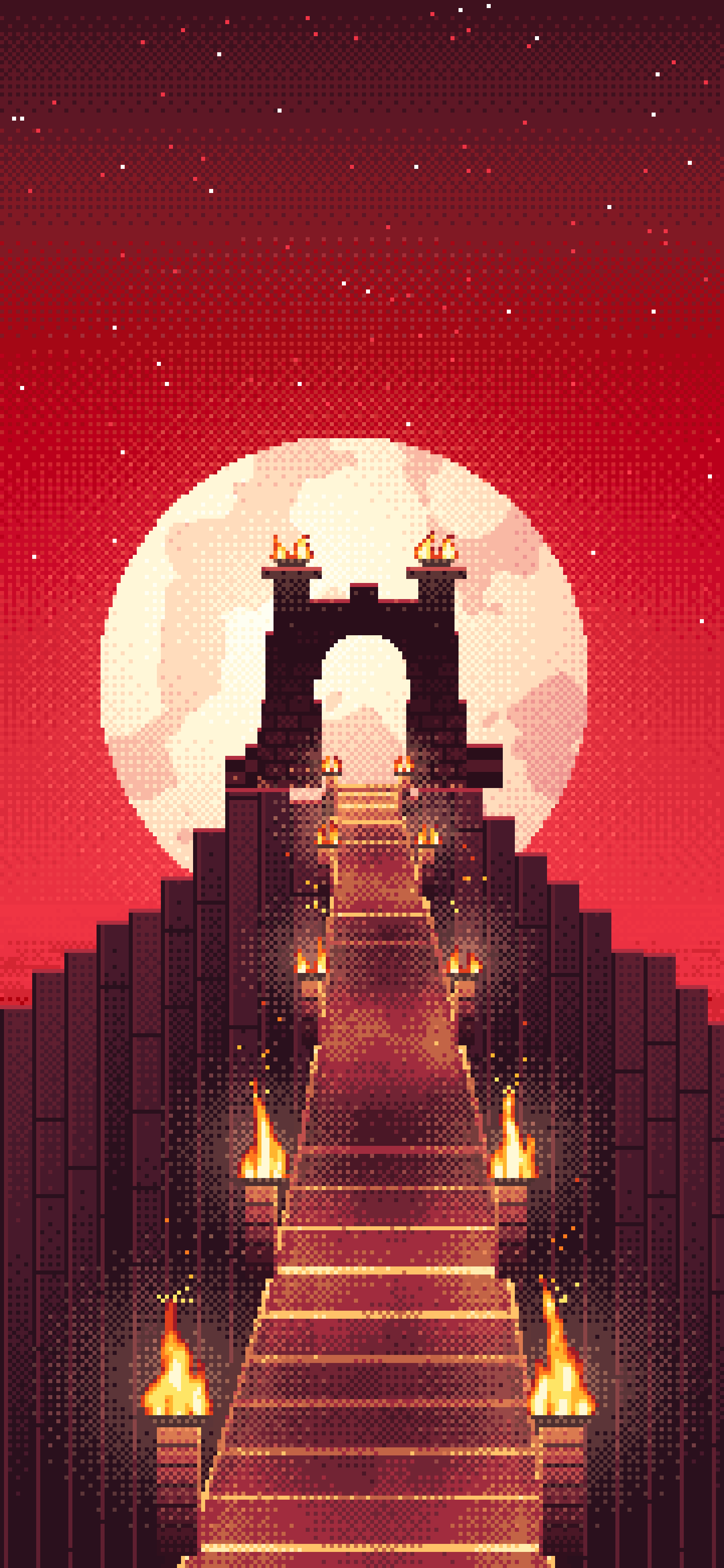 Red Pixel Art Torch-Lit Stairway at Night wallpaper for iPhone and Android