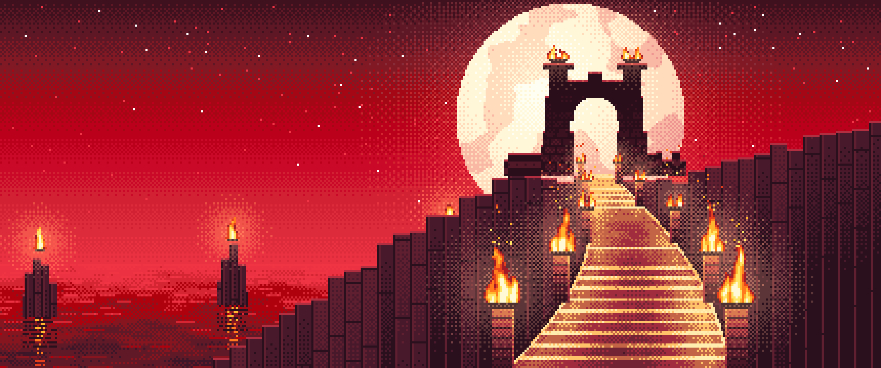 Red Pixel Art Torch-Lit Stairway at Night ultrawide wallpaper, 3440 × 1440