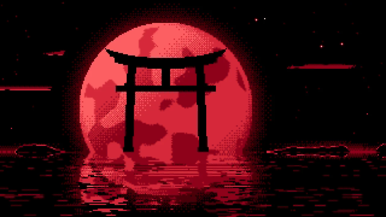 Red Pixel Art Torii Gate and Moon desktop wallpaper in 4K