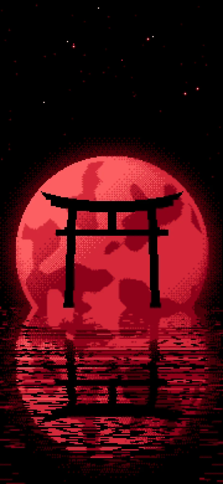 Red Pixel Art Torii Gate and Moon wallpaper for iPhone and Android
