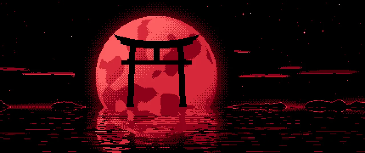 Red Pixel Art Torii Gate and Moon ultrawide wallpaper, 3440 × 1440