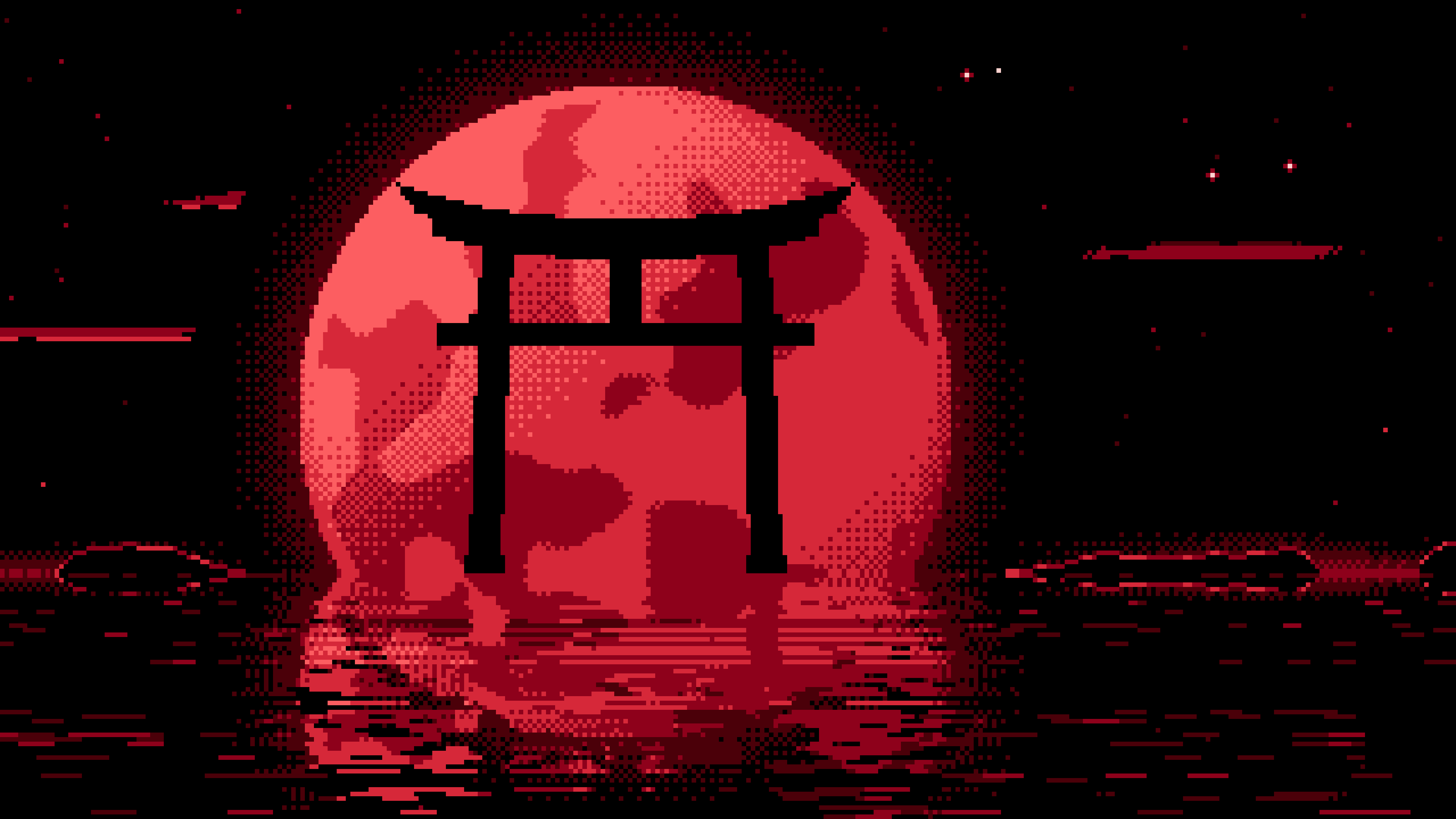 Red Pixel Art Torii Gate and Moon desktop wallpaper in 4K