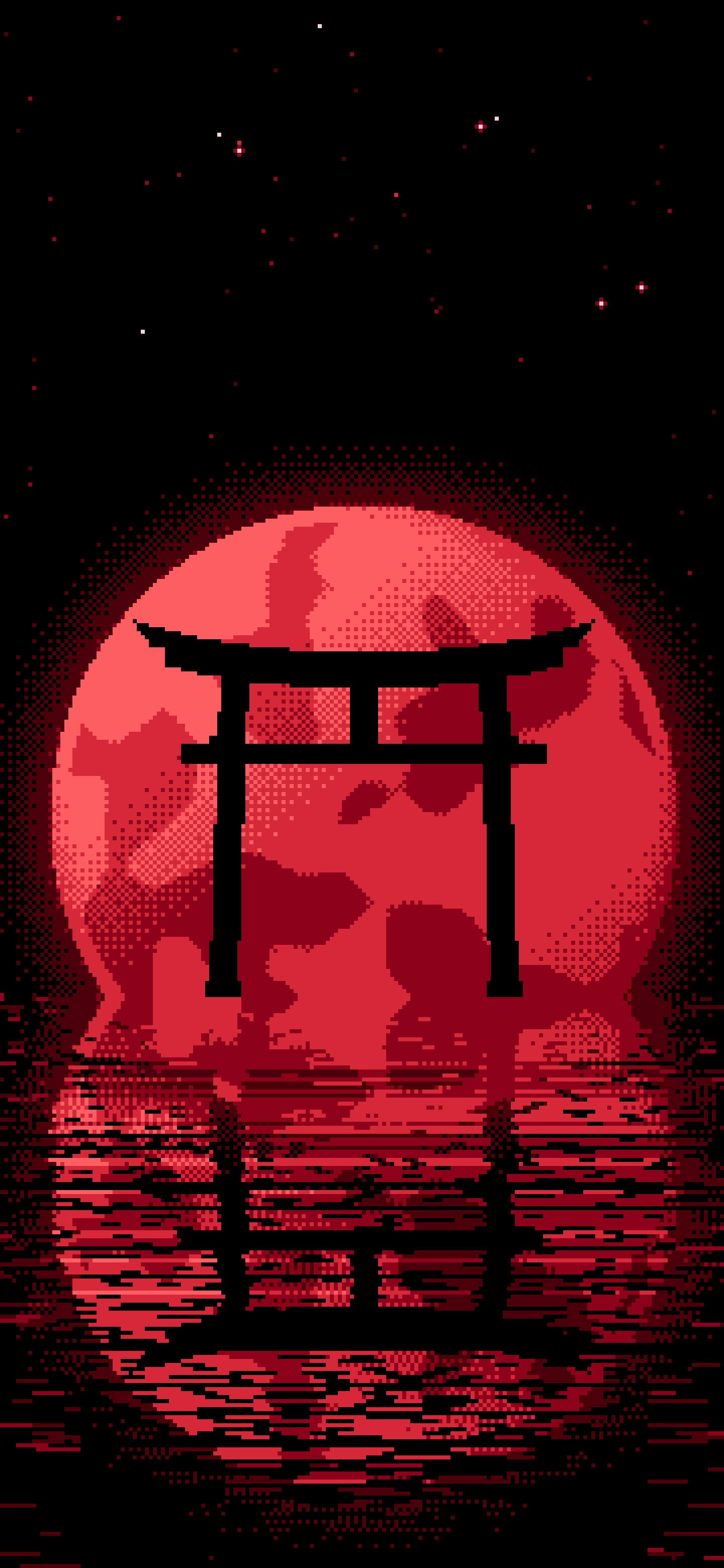 Red Pixel Art Torii Gate and Moon wallpaper for iPhone and Android