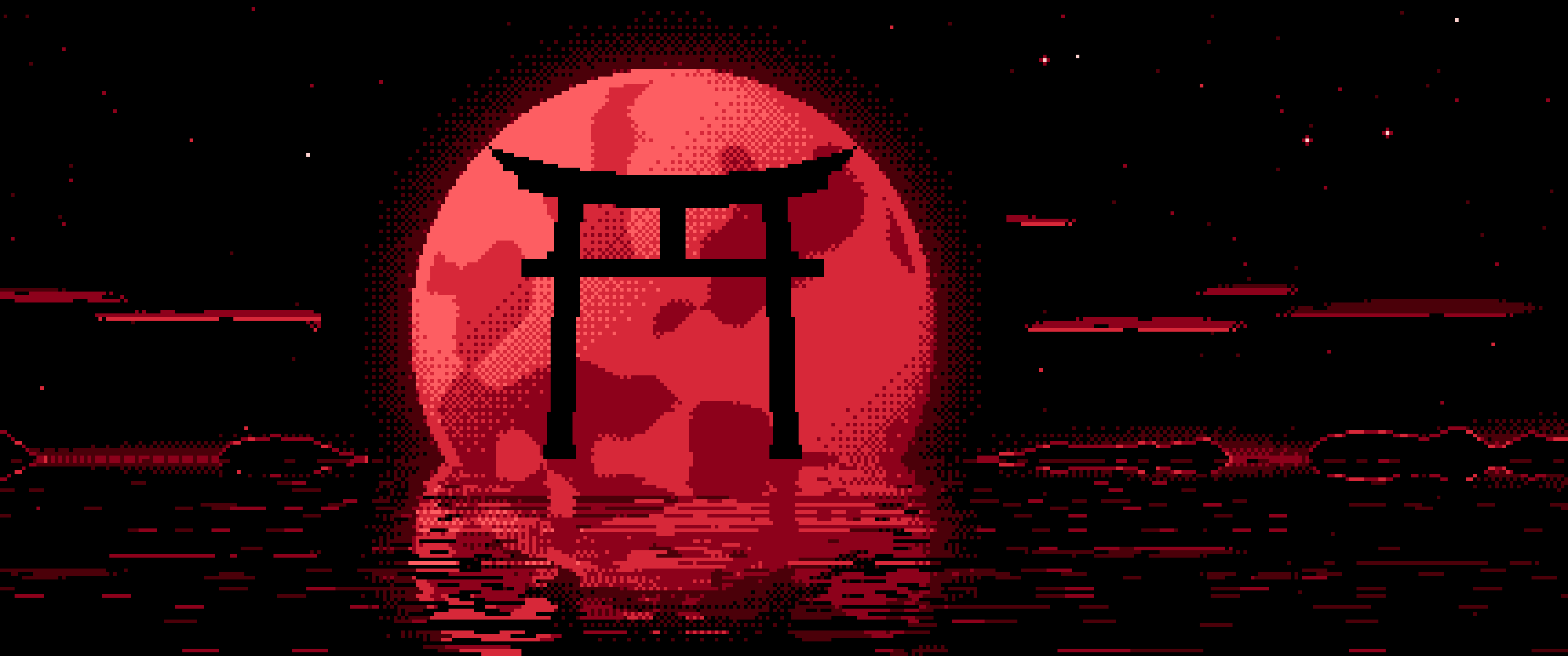 Red Pixel Art Torii Gate and Moon ultrawide wallpaper, 3440 × 1440
