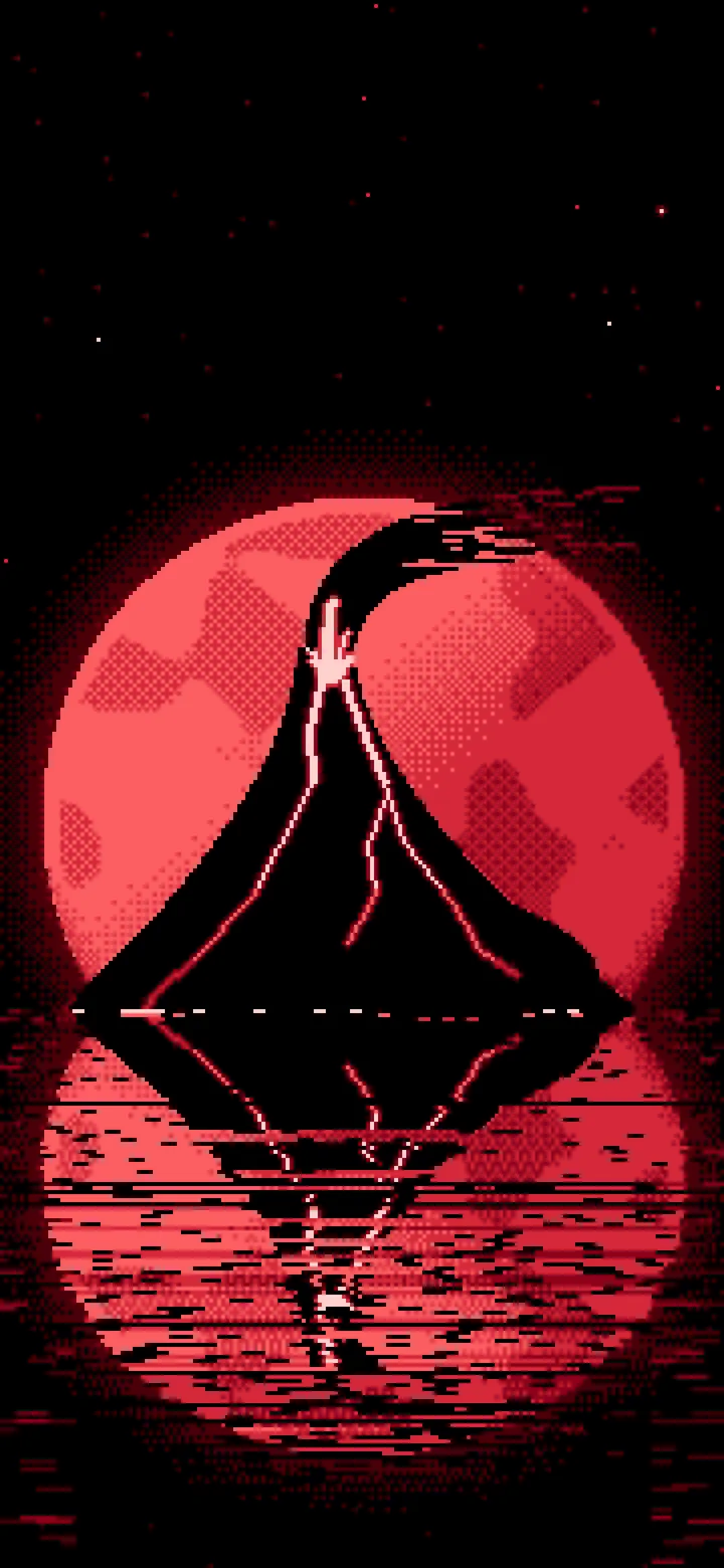 Red Pixel Art Volcano and Full Moon wallpaper for iPhone and Android
