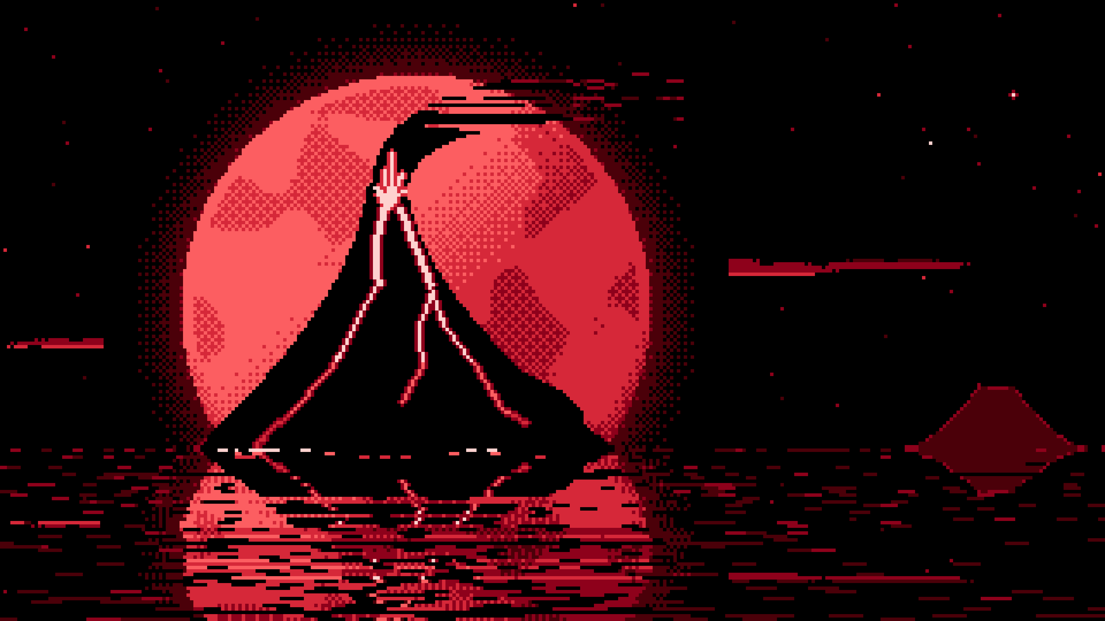 Red Pixel Art Volcano and Full Moon desktop wallpaper in 4K