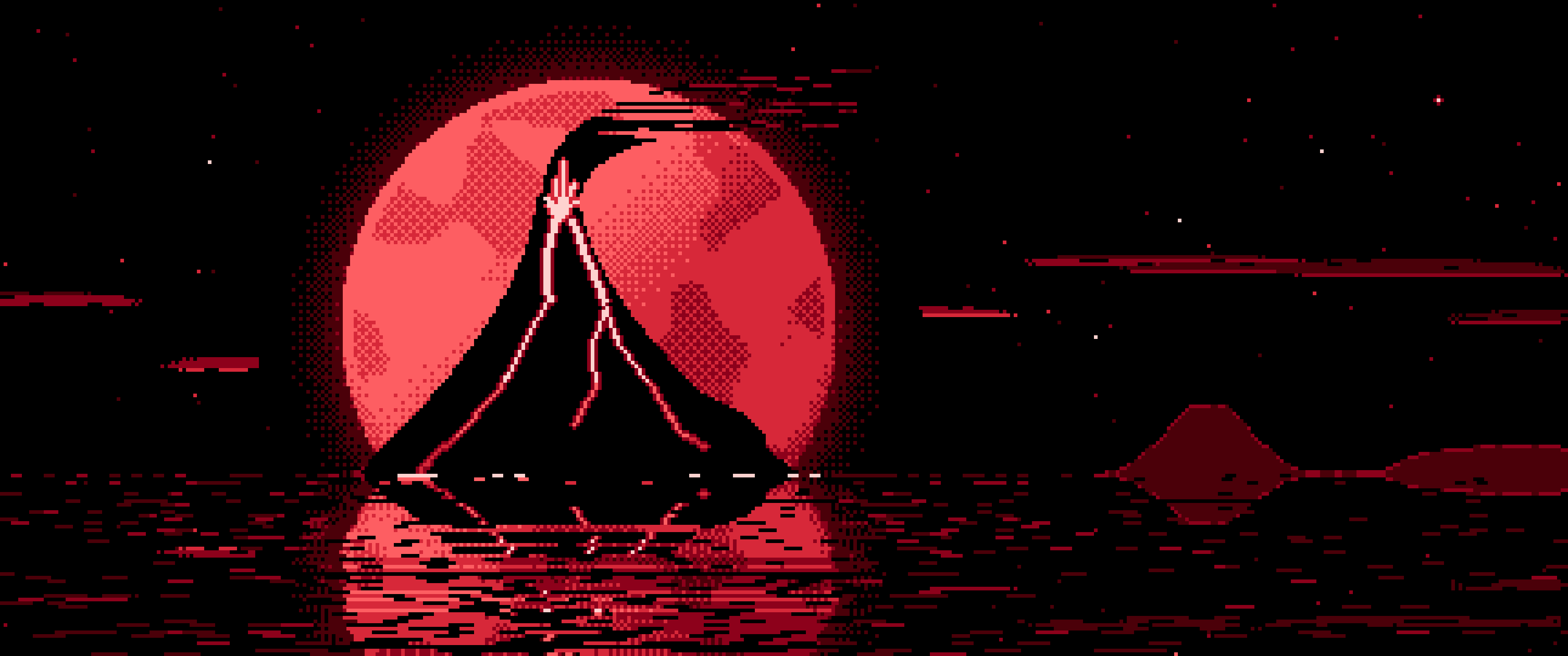 Red Pixel Art Volcano and Full Moon ultrawide wallpaper, 3440 × 1440