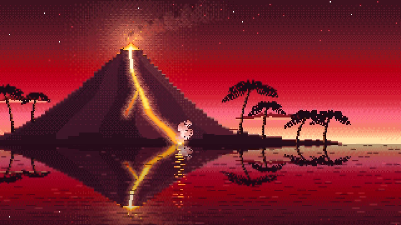 Red Pixel Art Volcano Island at Dusk desktop wallpaper in 4K