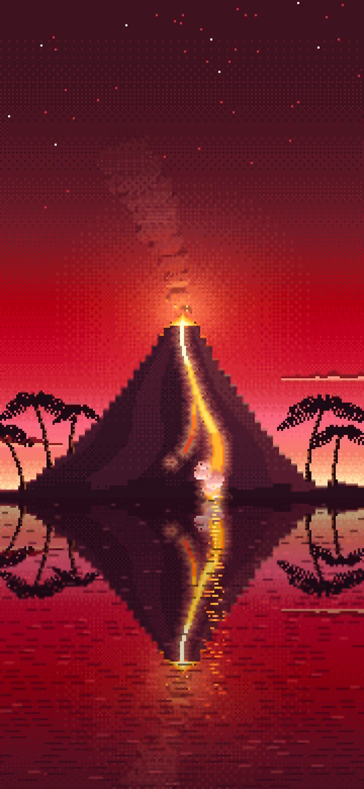 Red Pixel Art Volcano Island at Dusk wallpaper for iPhone and Android