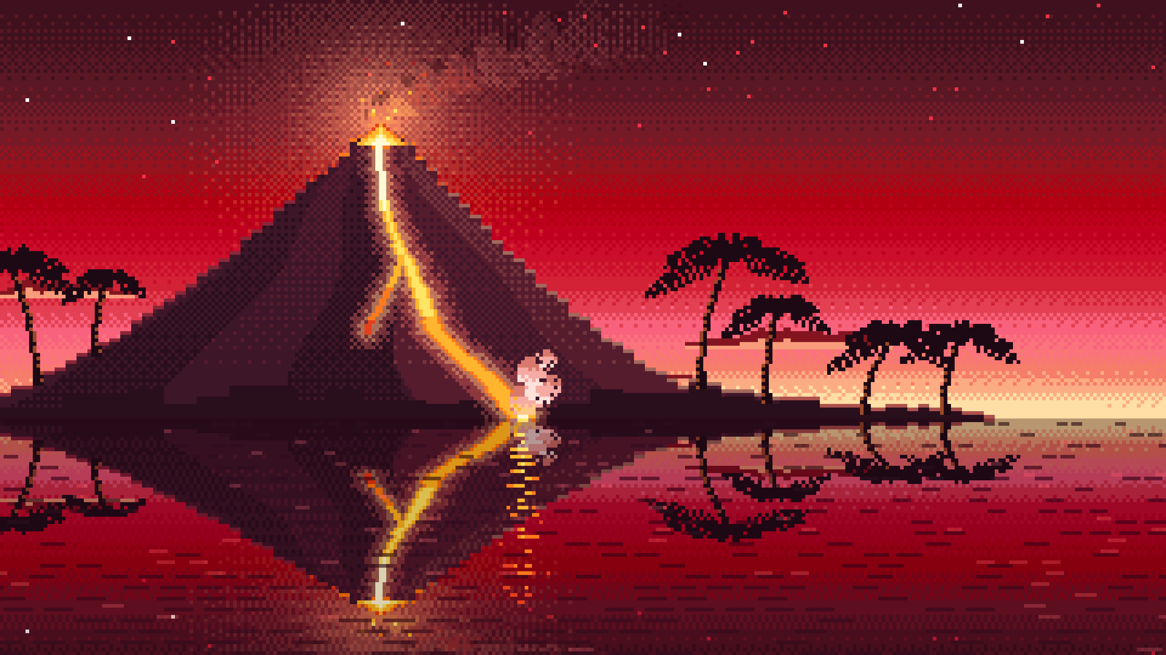 Red Pixel Art Volcano Island at Dusk desktop wallpaper in 4K