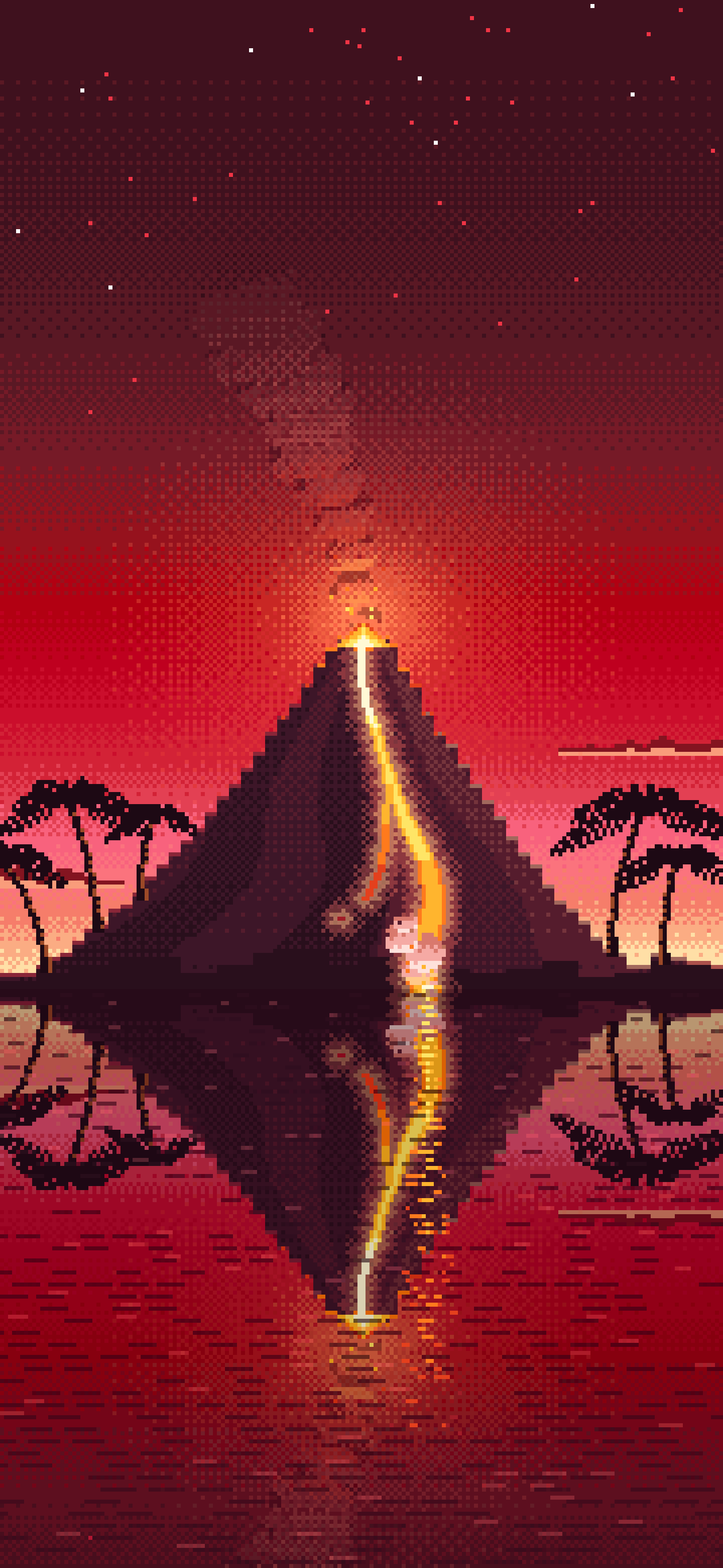 Red Pixel Art Volcano Island at Dusk wallpaper for iPhone and Android