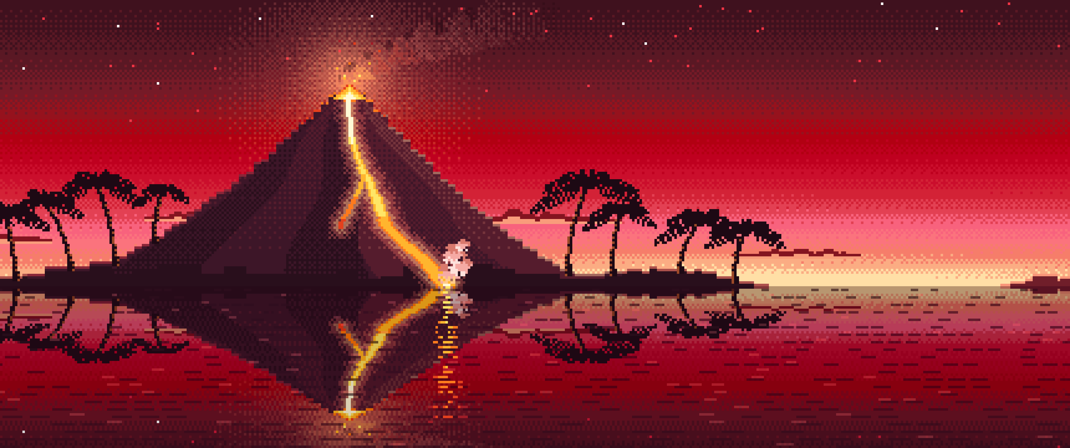 Red Pixel Art Volcano Island at Dusk ultrawide wallpaper, 3440 × 1440