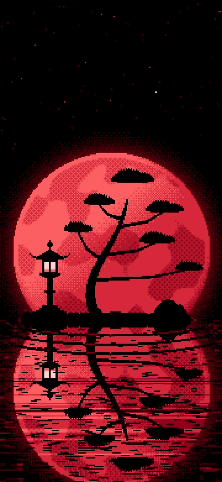 Red Pixel Art Zen Stone Lantern and Full Moon wallpaper for iPhone and Android