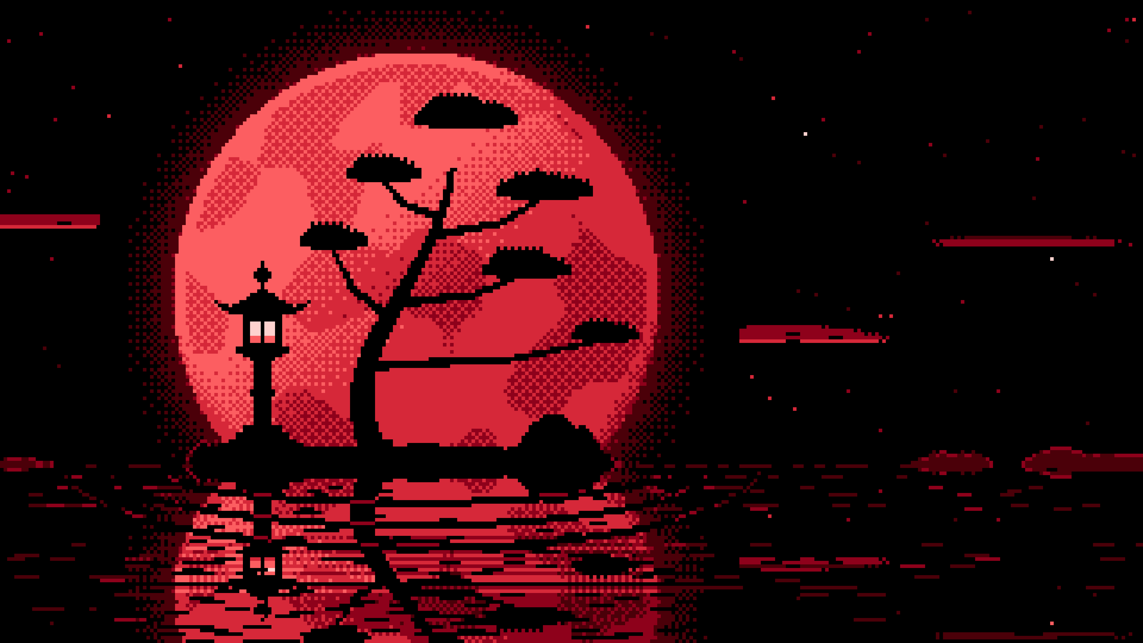 Red Pixel Art Zen Stone Lantern and Full Moon desktop wallpaper in 4K