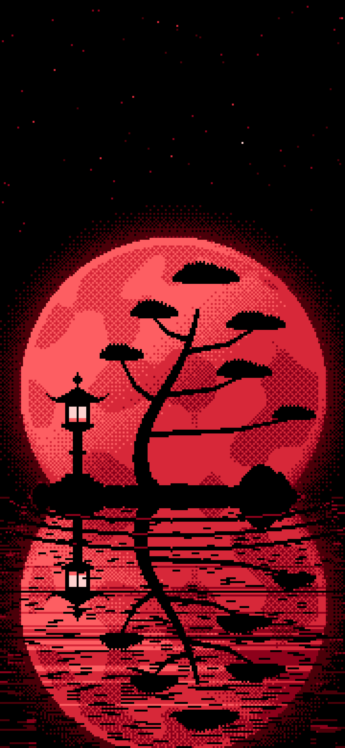 Red Pixel Art Zen Stone Lantern and Full Moon wallpaper for iPhone and Android
