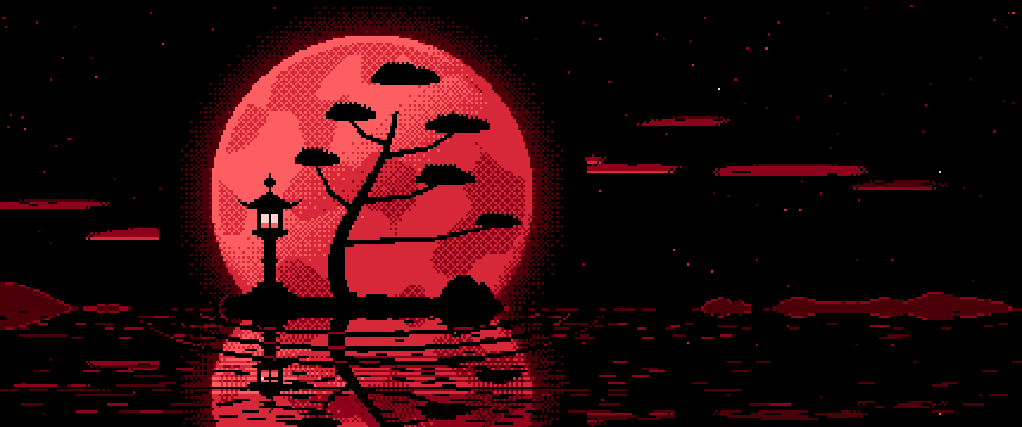 Red Pixel Art Zen Stone Lantern and Full Moon ultrawide wallpaper, 3440 × 1440