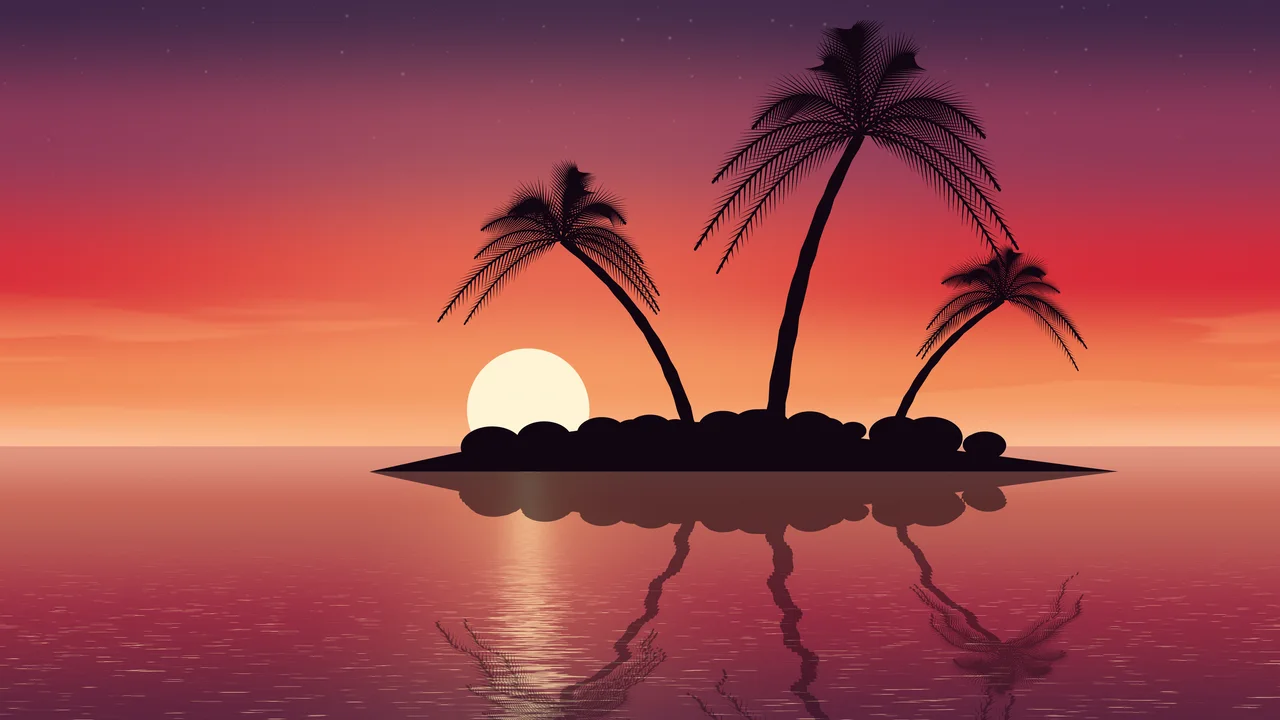 Red Tropical Island Sunset desktop wallpaper in 4K